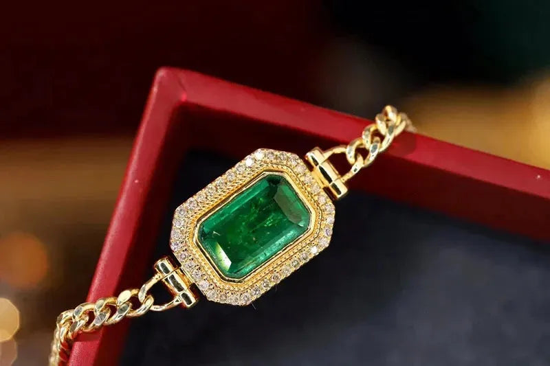 18K Yellow Gold Bracelet with Natural Emerald & Real Diamonds | Elegant Women's Wedding & Engagement Jewelry | Perfect for Bridal, Anniversary & Special Occasion Gifts