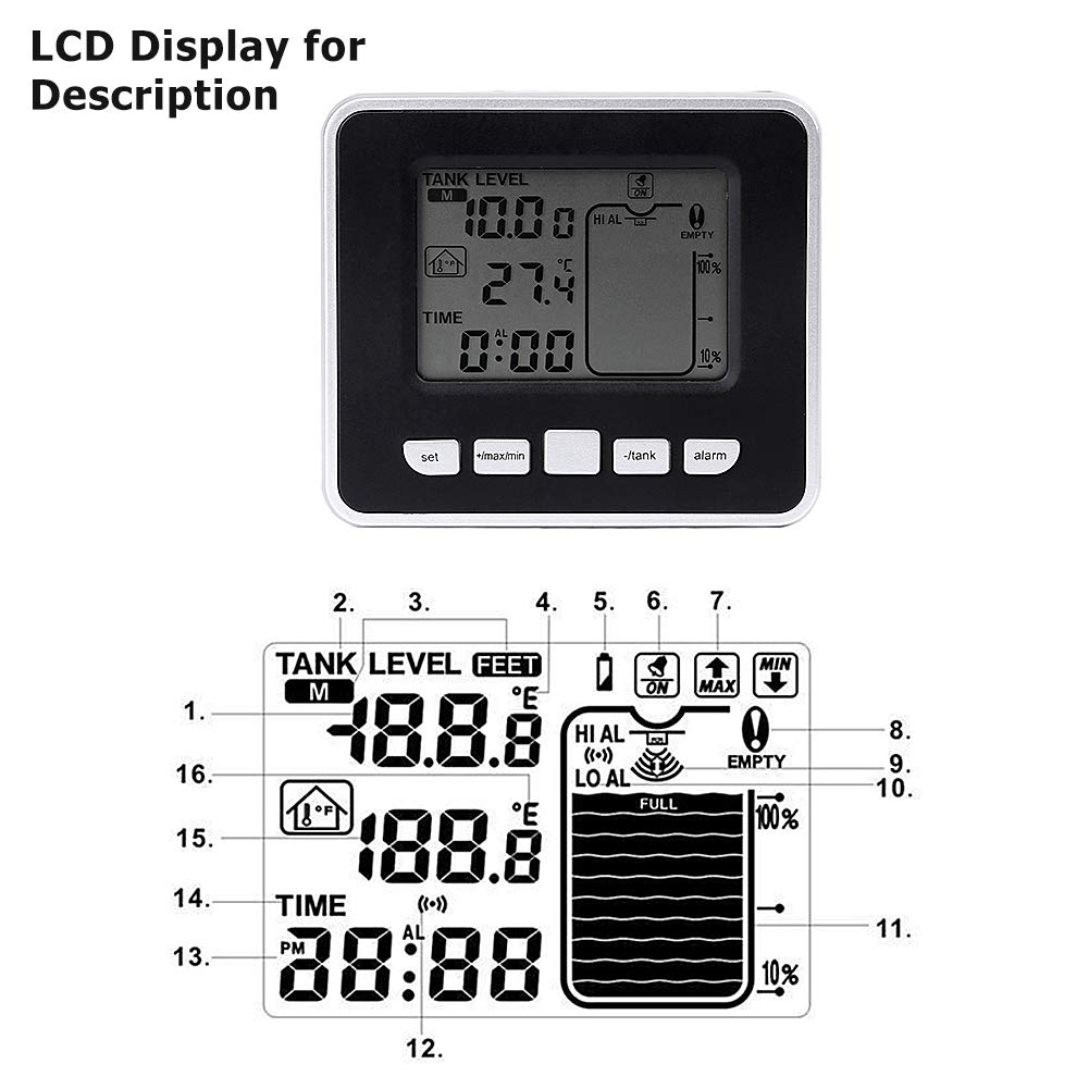 Liukouu Ultrasonic Water Level Sensor with Touch Control - Black | High Precision Liquid Level Detection for Tanks, Pools, and Industrial Applications