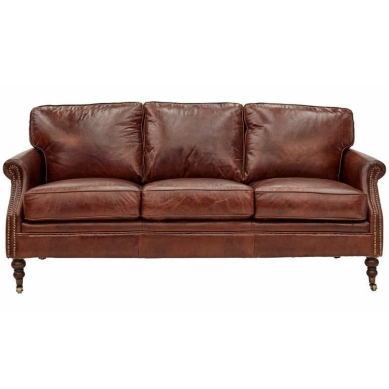 Premium Wiltshire Genuine Leather 3-Seater Sofa - Aged Brown Distressed Finish - Perfect for Living Room, Lounge & Home Theater Comfort