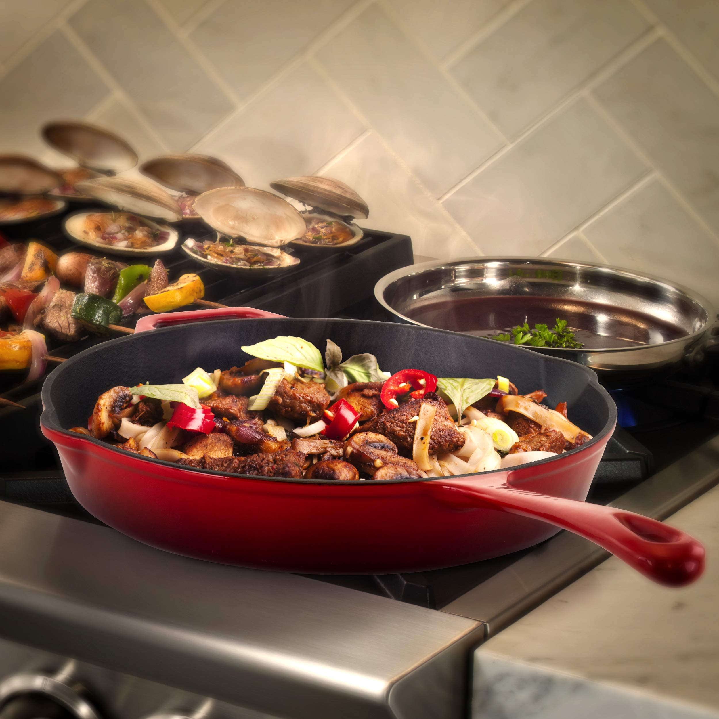 Megachef 10.25 Inch Red Enamel Cast Iron Skillet - Pre-Seasoned, Oven & Stovetop Safe for Searing, Baking & Frying - Perfect for Steaks, Pancakes & Dutch Oven Cooking