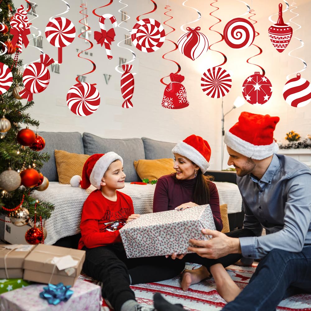 60pcs Christmas Candy Hanging Swirl Decorations - Red & White Peppermint Candy Cutouts for Xmas Party, Classroom & Home Decor - Perfect for Holiday Ceiling Streamers and Festive Wall Hangings