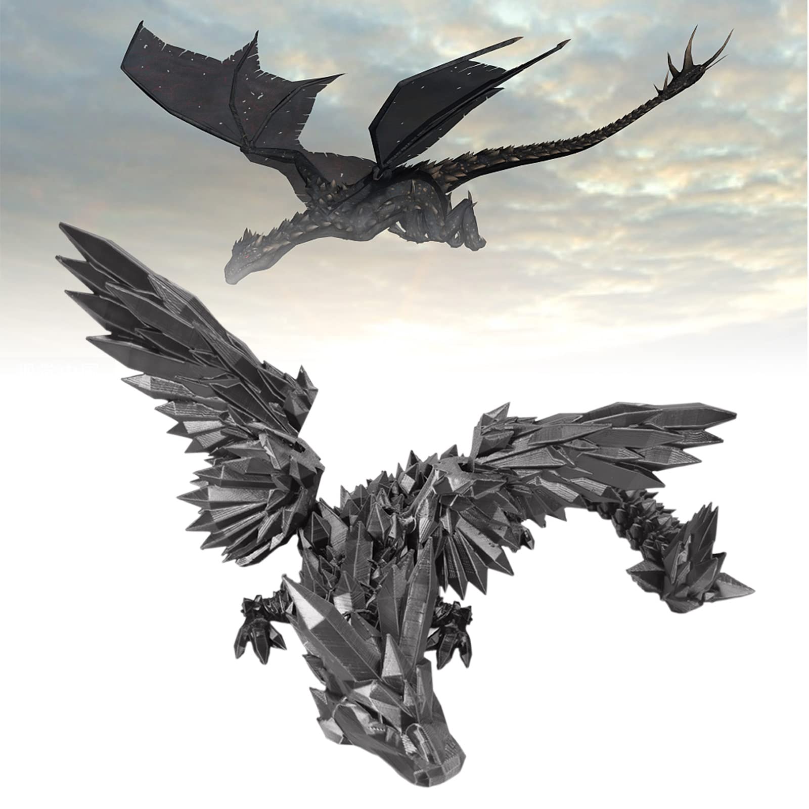 3D Printed Dragon Action Figure - Flying Diamond Dragon with Movable Joints & Wings - Collectible Monster Toy for Adults & Collectors - Anti-Anxiety Relief Stress Toy - Black Hell Warriors 9.8 Inch - Perfect for Desk Decor, Gift Giving & Fantasy Collectibles