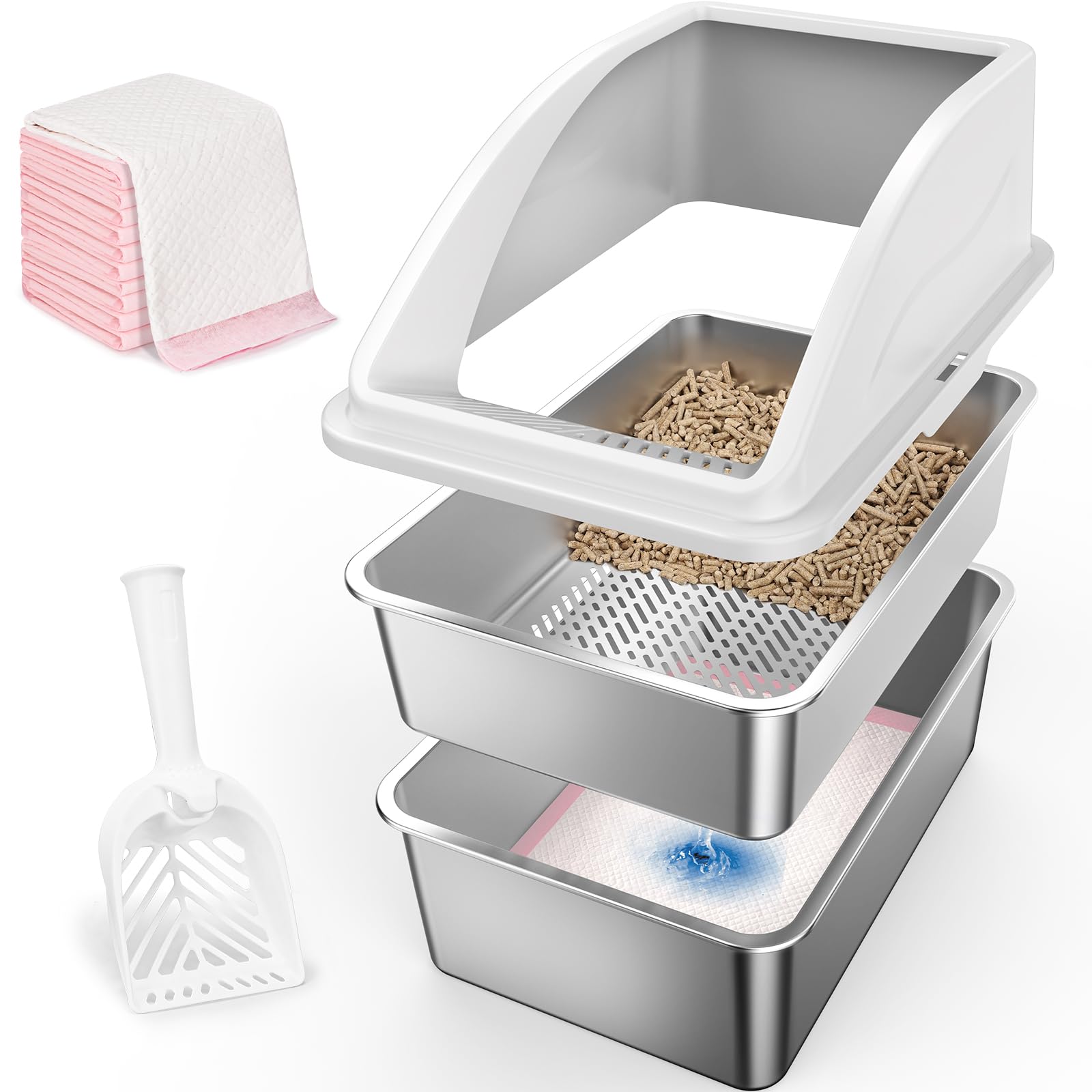 XXL Stainless Steel Sifting Cat Litter Box with Lid - Pine Pellet & Non-Clumping Litter System for Large Cats | High-Sided Design with Anti-Leak & Non-Stick Bottom | Perfect for Multi-Cat Homes & Odor Control