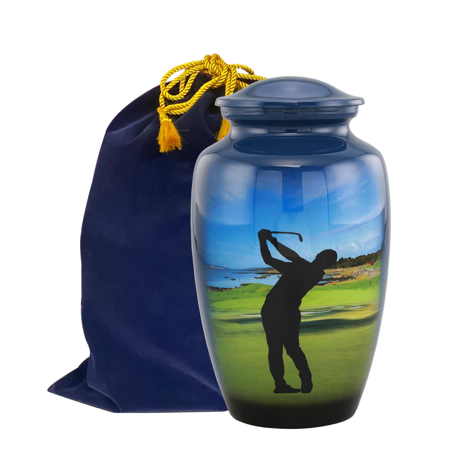 Golf Cremation Urn for Ashes - Hand Painted Classic Golfer Memorial Urn with Velvet Bag (Large) - Perfect for Honoring Golf Lovers & Displaying at Home or Memorial Services