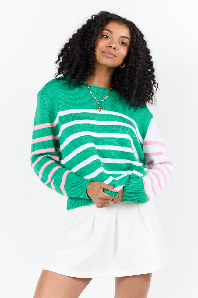 Stylish Coastal Prep Green & Pink Color Block Crew Neck Sweater | Preppy Casual Pullover for Women | Perfect for Fall Layering & Weekend Outfits