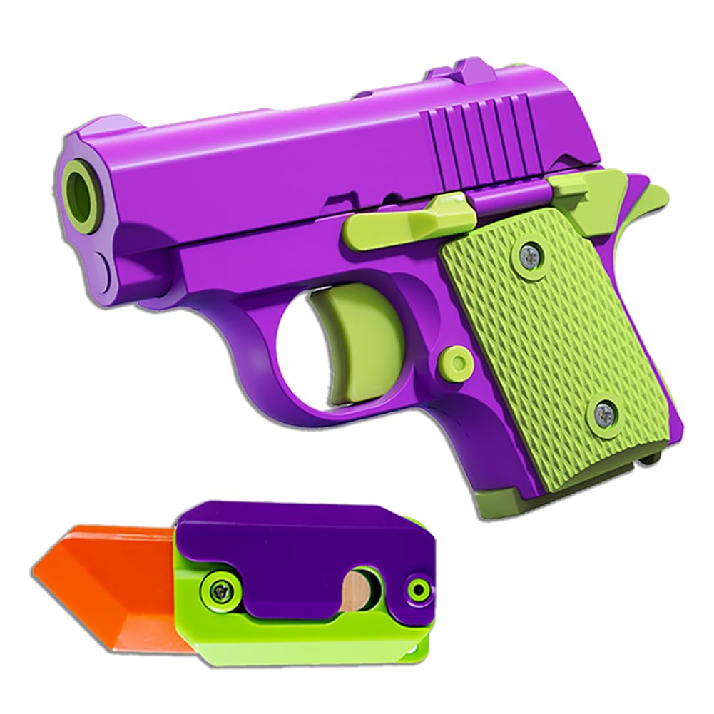 3D Plastic Mini 1911 Fidget Gun Knife Toy Set - 2PCS Stress Relief Gravity Slider for Adults & Kids - ADHD Anxiety Relief Gadget - Cool Purple Sensory Toy for Office, School & Home Use
