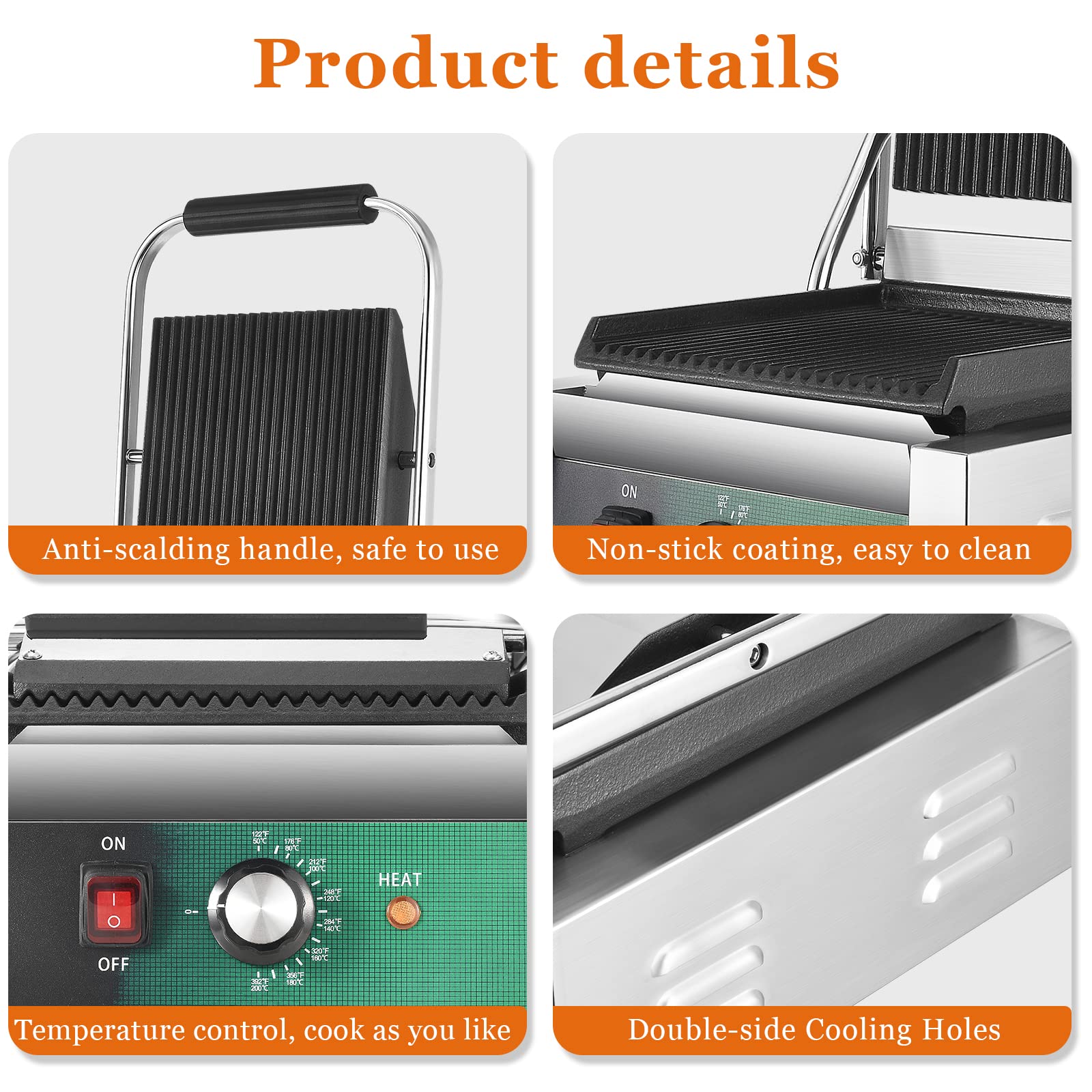 2200W Commercial Electric Panini Press Grill with Non-Stick Grooved Plates, Adjustable Temperature Control Sandwich Maker - Perfect for Hamburgers, Steaks, Paninis & Breakfast Griddles - Ideal for Restaurants, Cafes & Home Kitchens