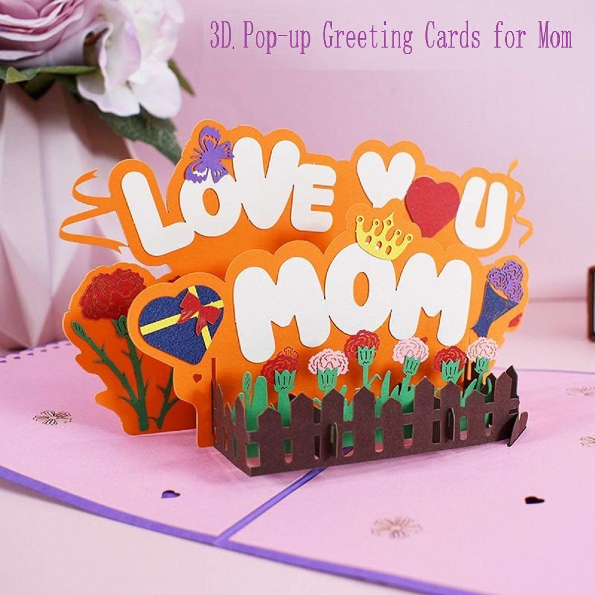 3D Pop-Up Greeting Card for Mom with Envelope - Mother's Day Birthday Gift Card, I Love You Mom Card, Purple Floral Design (6x8 Inch) - Perfect for Mother's Day, Birthday Surprises & Special Occasions