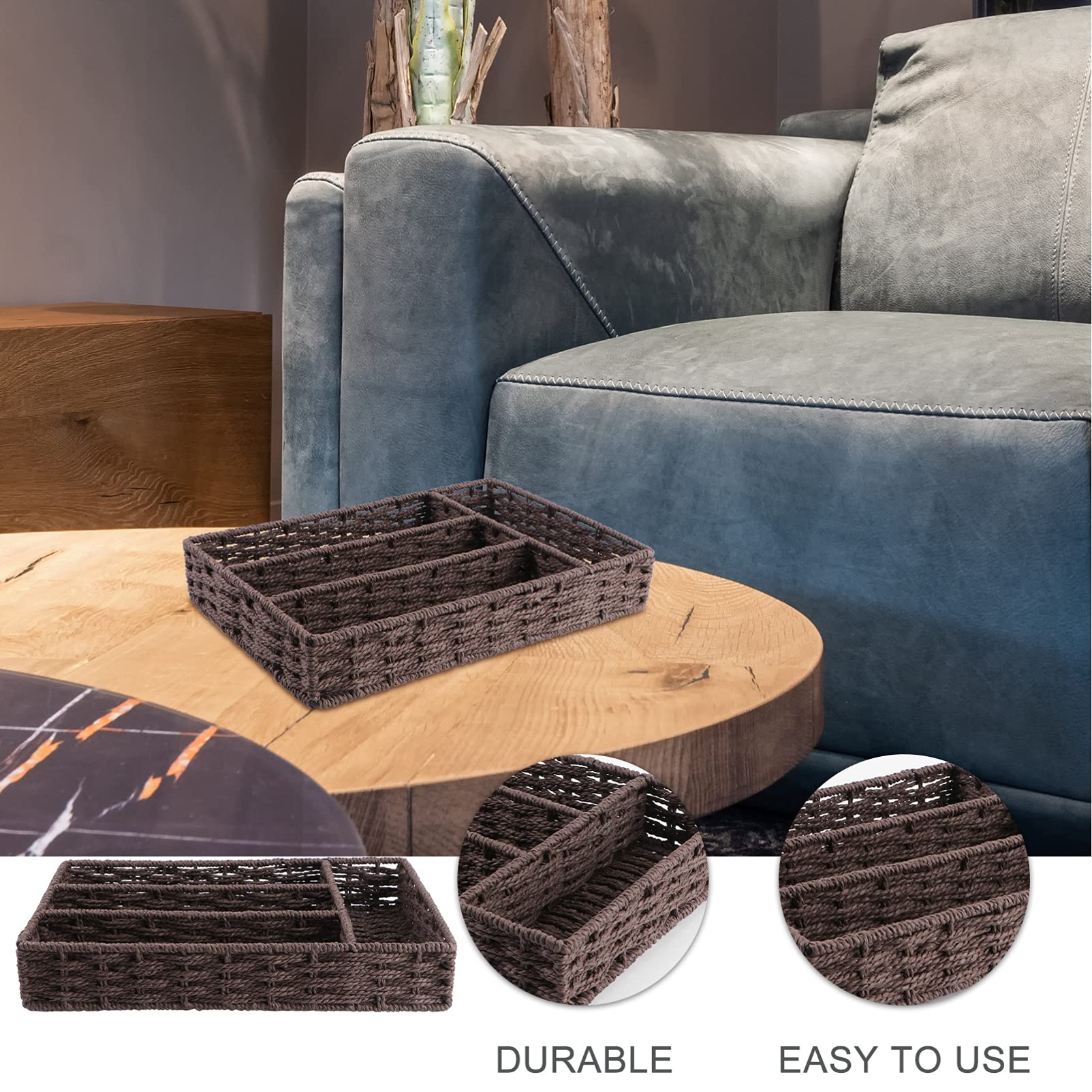 Cabilock Natural Wicker Flatware Basket Organizer with Dividers - Kitchen Utensil Drawer Tray for Cutlery & Serving - Perfect for Dining Room, Kitchen Storage & Entertaining