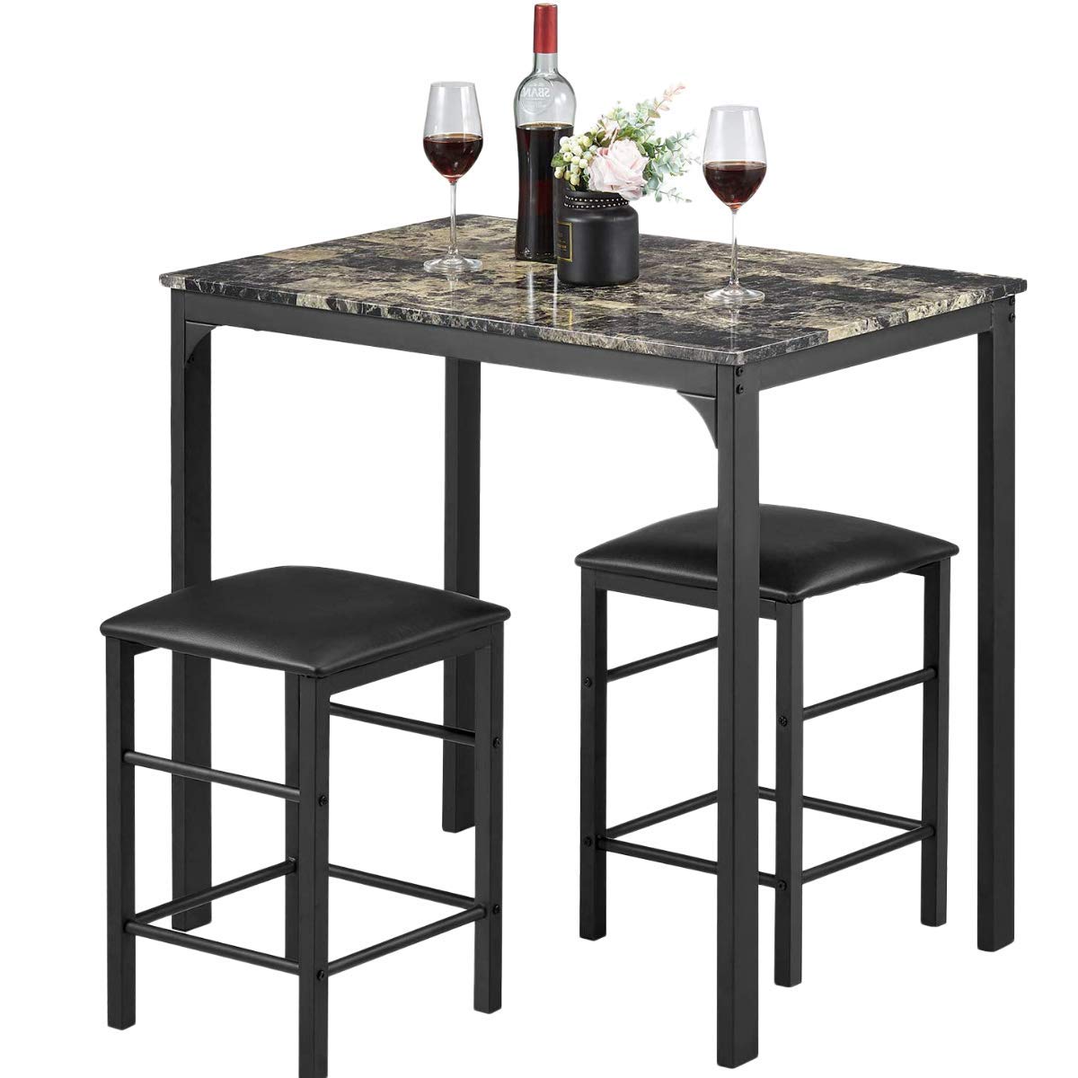 Modern 3-Piece Dining Set - Faux Marble Rectangular Kitchen Table with 2 Stools, Dark Brown - Perfect for Home, Hotel, Restaurant & Small Space Dining Rooms, Kitchens or Bars