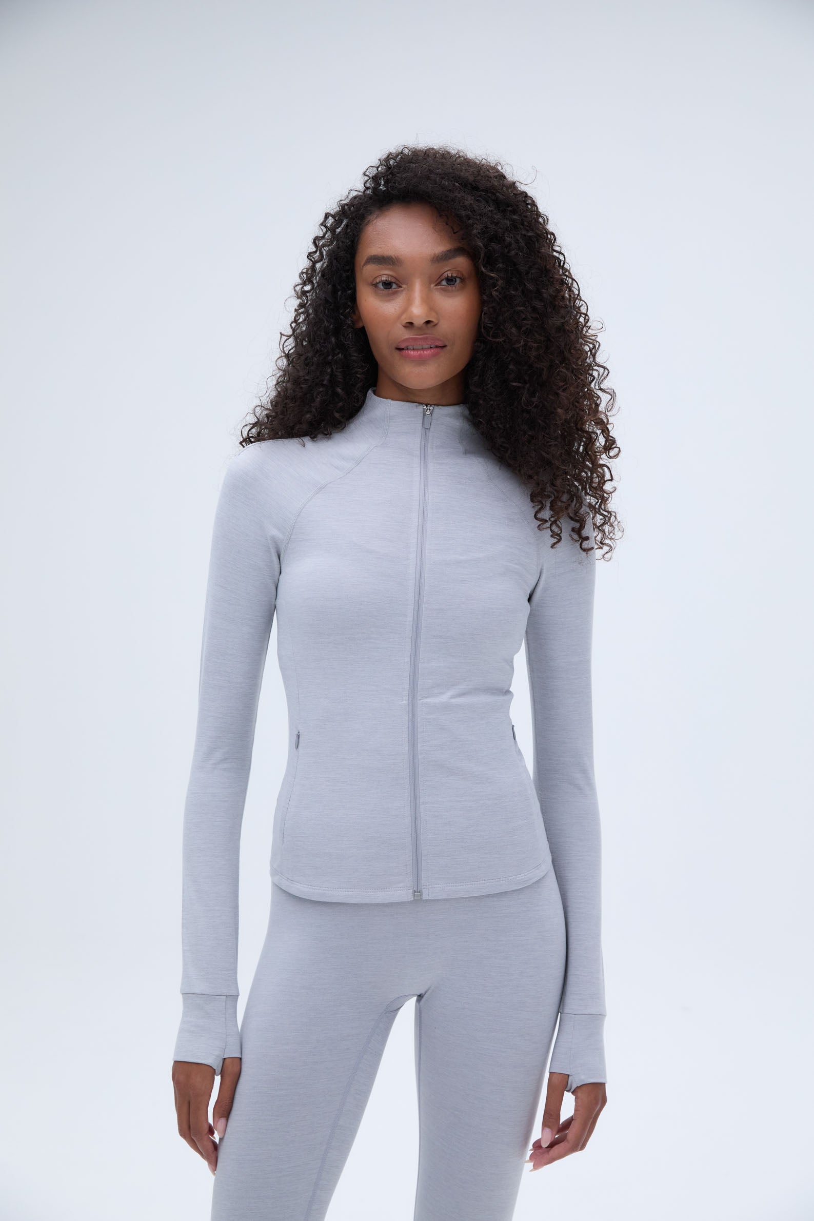 Women's Brushed Long Sleeve Mock Neck Zip Up Top - Light Grey Melange | Soft Thermal Pullover for Fall & Winter | Perfect for Layering, Casual Outfits & Outdoor Activities