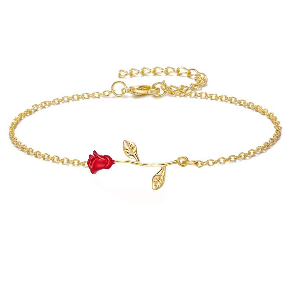 WLL Elegant 3D Red Rose Flower Charm Bracelet for Women - Beauty and The Beast Inspired Rose Jewelry, Perfect Bridesmaid Gift & BFF Present - Ideal for Weddings, Anniversaries & Romantic Occasions