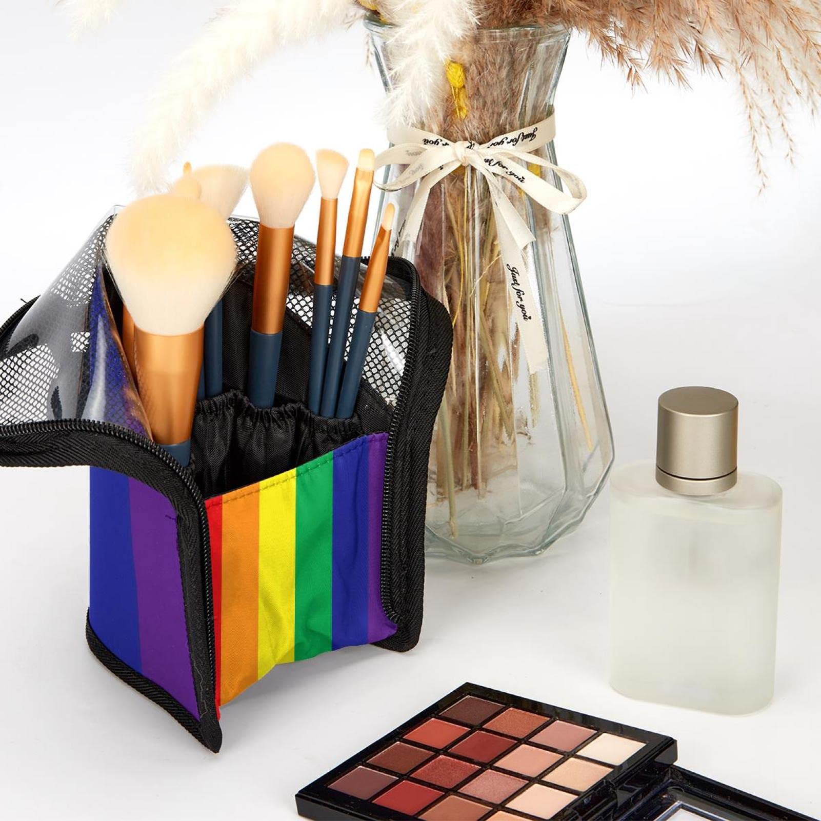 Rainbow Pride Makeup Brush Organizer Bag with 12 Slots - Portable Cosmetic Brush Holder Case for Travel & Home Storage - Perfect for LGBT Pride Events, Makeup Artists & Beauty Enthusiasts
