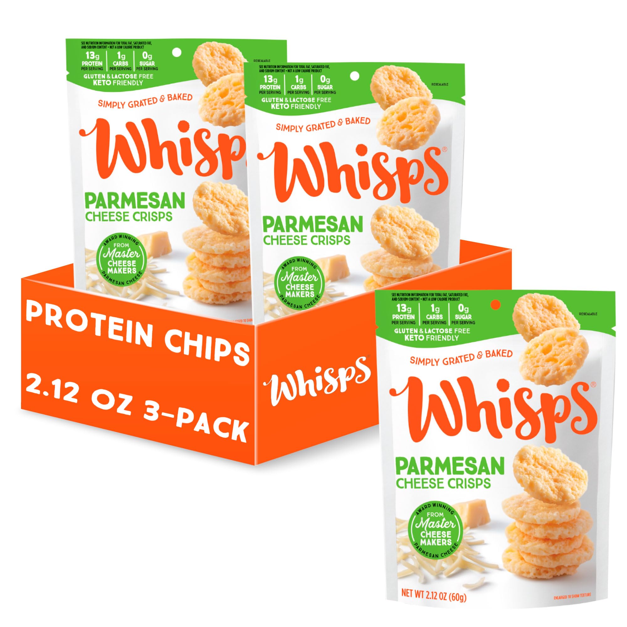 Whisps Parmesan Cheese Crisps - High Protein, Low Carb, Gluten Free Keto Snacks | Healthy Protein Chips for Weight Loss & Diet | Perfect for Office Snacking, School Lunches & On-the-Go Nutrition (2.12 Oz, 3 Pack)