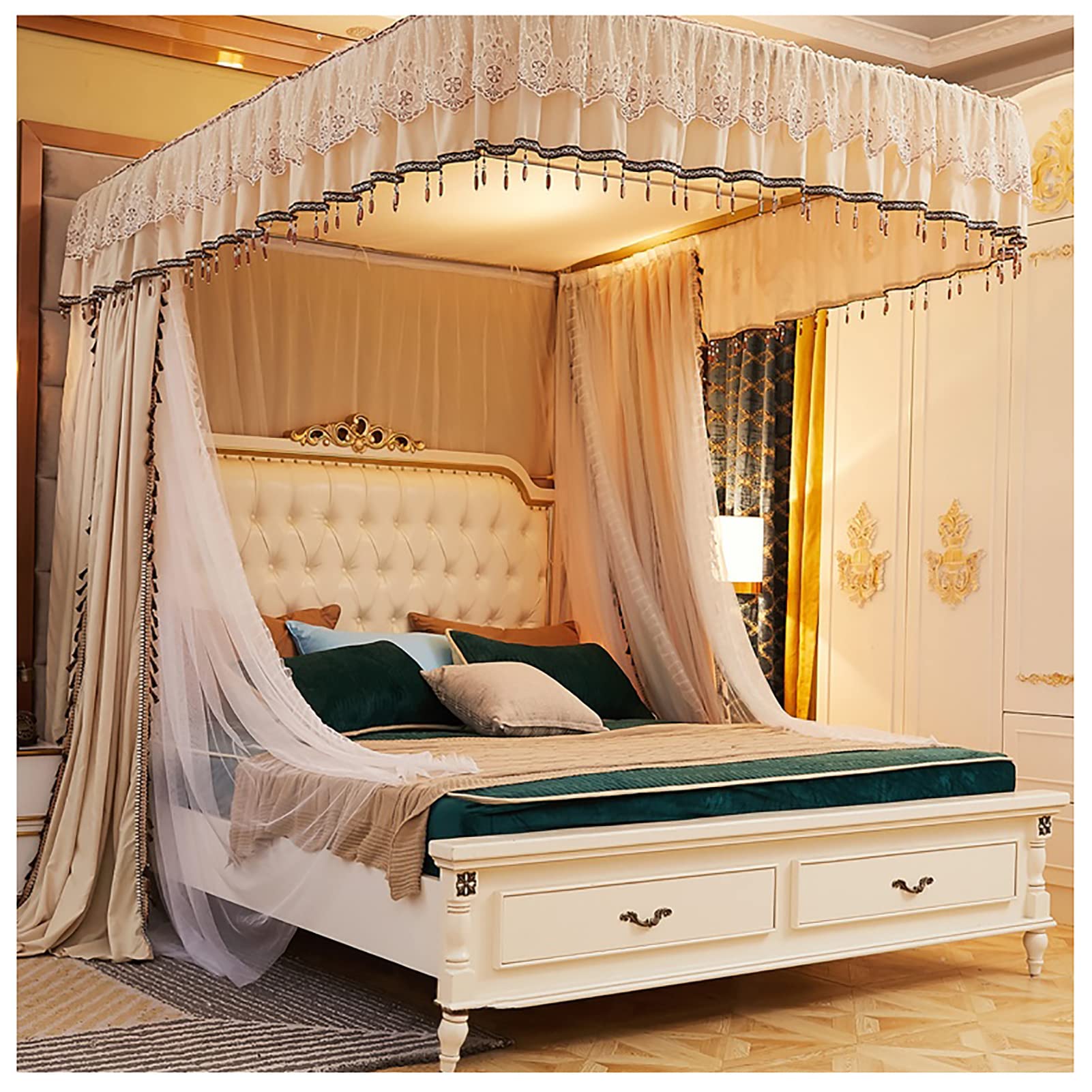 WFEGSYJ Princess Bed Canopy with U-Shaped Rail Bracket - Mosquito Net for Queen Size Beds (200x150x215cm, Gold) - Perfect for Girls' Bedrooms, Women's Dorm Decor & Romantic Wedding Gift