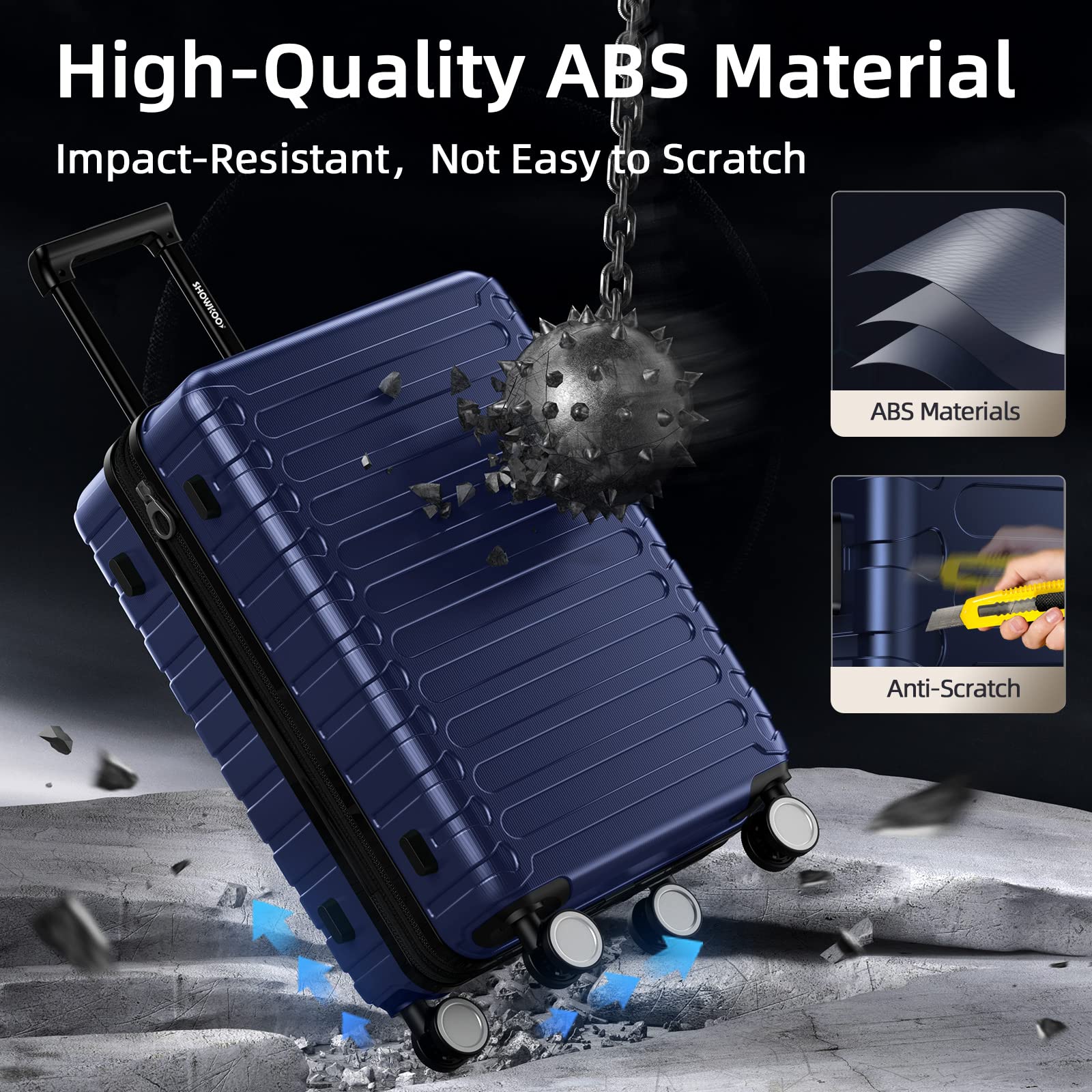 SHOWKOO 3-Piece Expandable ABS Hardshell Luggage Set with Spinner Wheels & TSA Lock - Lightweight Durable Hardside Suitcase for Travel (Deep Blue) | Perfect for Family Vacations, Business Trips & International Travel