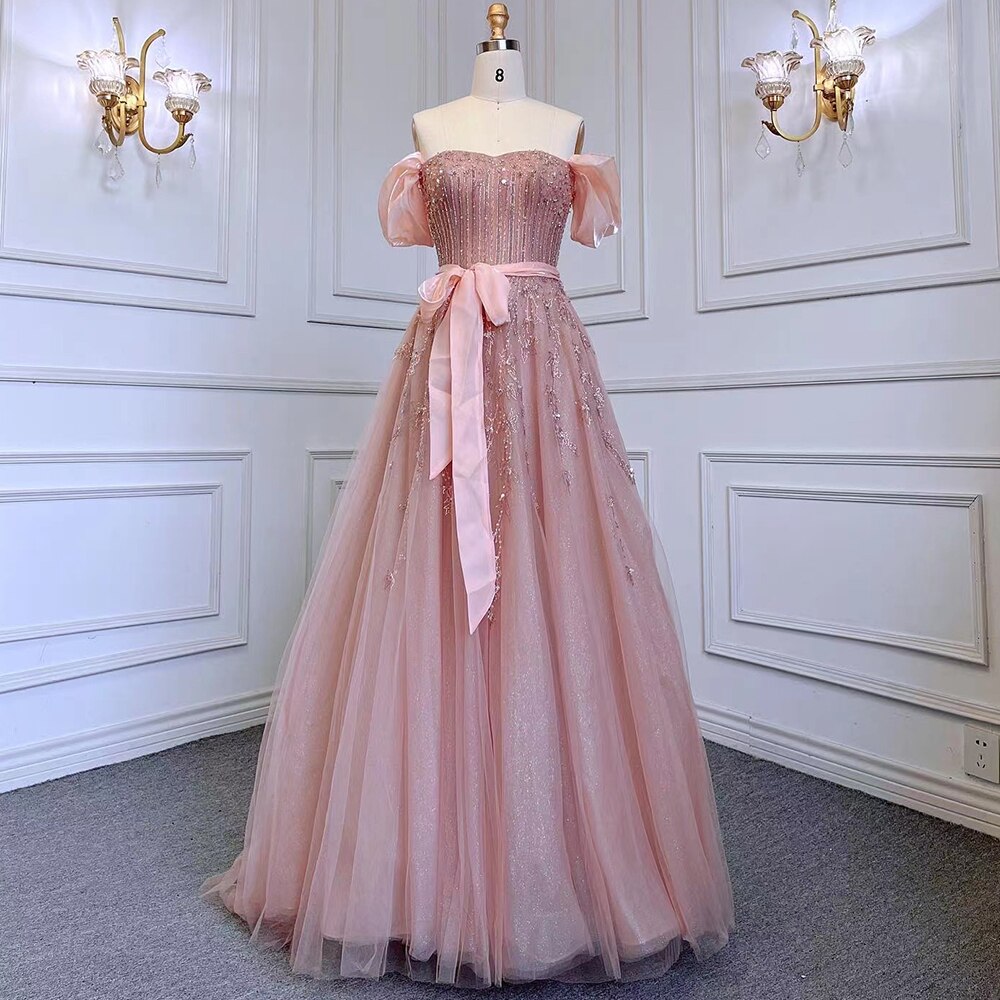 Serene Hill Blush Pink A-Line Off Shoulder Beaded Crystal Evening Dress for Women - Luxury Formal Prom Gown LA71745 | Perfect for Weddings, Galas & Special Occasions