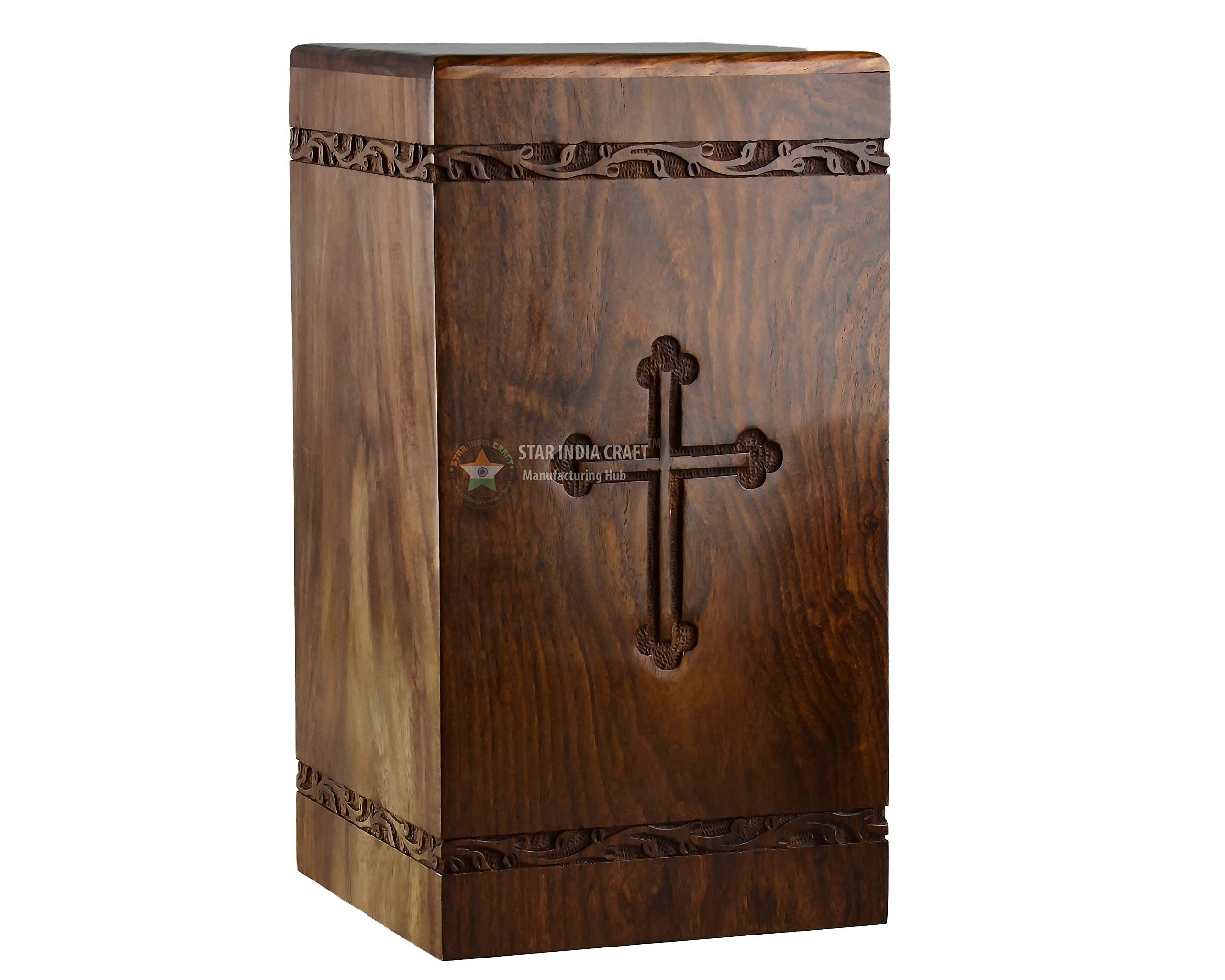 Handmade Rosewood Cremation Urn for Human Ashes - Peaceful Dove Design with Catholic Cross - Wooden Funeral Urn for Ashes (11.25