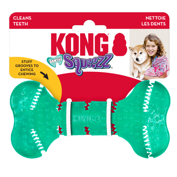 KONG Squeezz Dental Bone Dog Toy - Durable Chew Toy for Teeth Cleaning & Play - Perfect for Small & Medium Dogs - Indoor & Outdoor Use