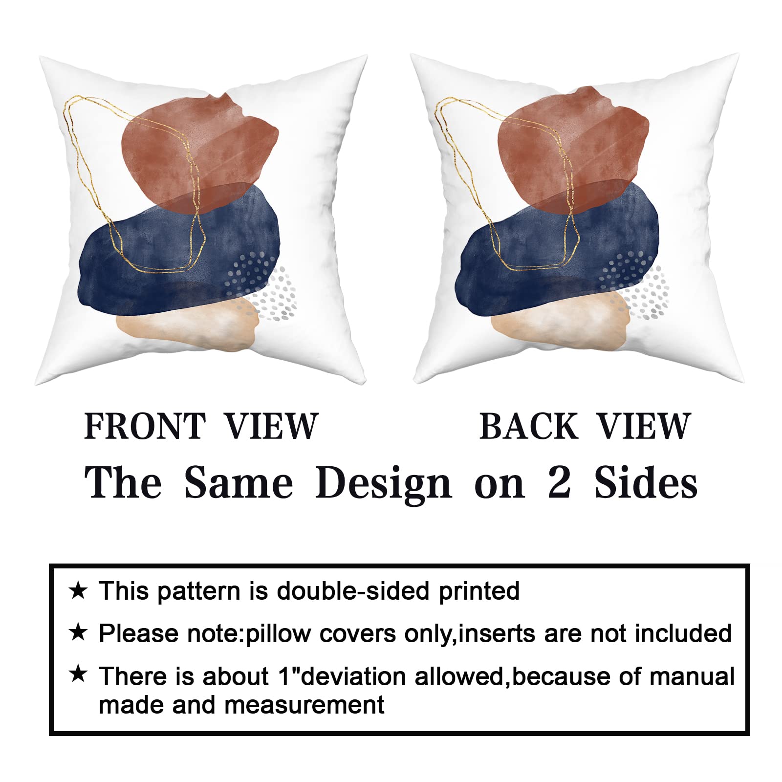 Geometric Throw Pillow Covers 18x18 Inches - Abstract Boho Pillow Cases Set of 2 in Navy Blue, Burnt Orange & Gold - Midcentury Modern Decor for Couch, Sofa, Bedroom & Living Room
