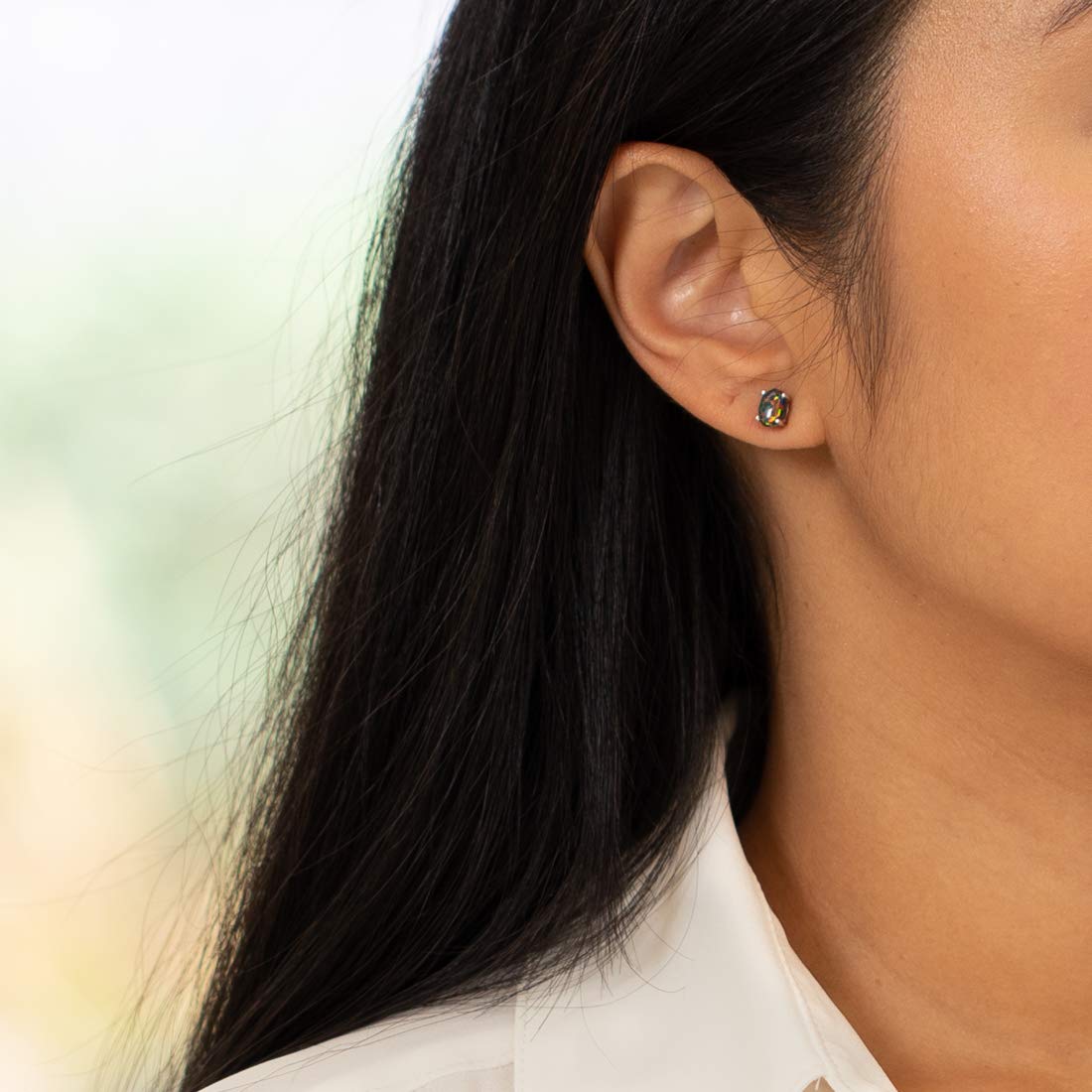 14K White Gold Black Fire Opal Stud Earrings for Women - 7x5mm Oval, 1 Carat Total, October Birthstone, Friction Back Closure | Elegant Gift for Birthday, Anniversary & Special Occasions