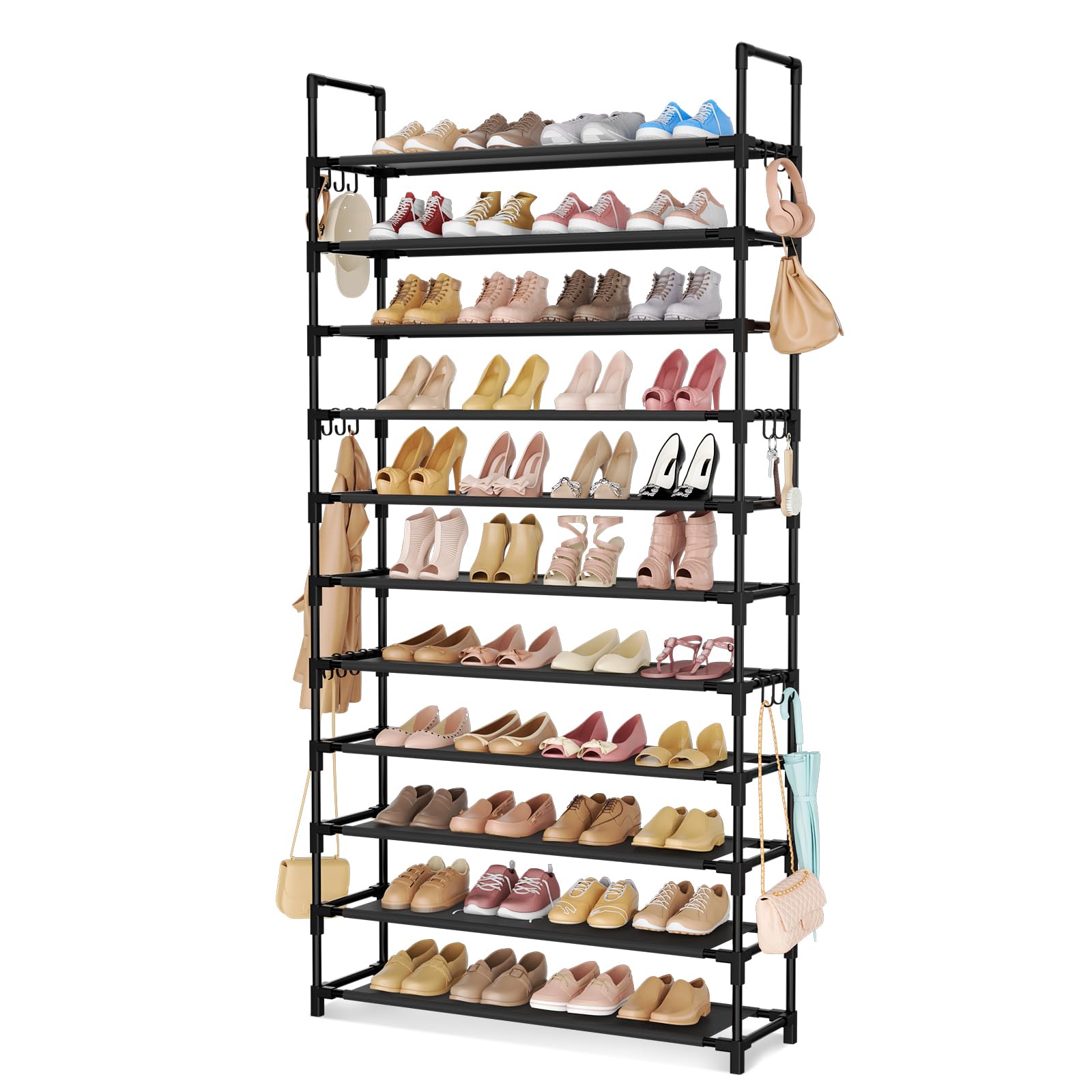 11-Tier Tall Shoe Rack Organizer - Holds 55 Pairs of Shoes with 18 Hooks - Sturdy Free Standing Metal Shoe Storage Shelf for Closet, Entryway, Bedroom - Space Saving Black Shoe Organizer for Home & Office Use
