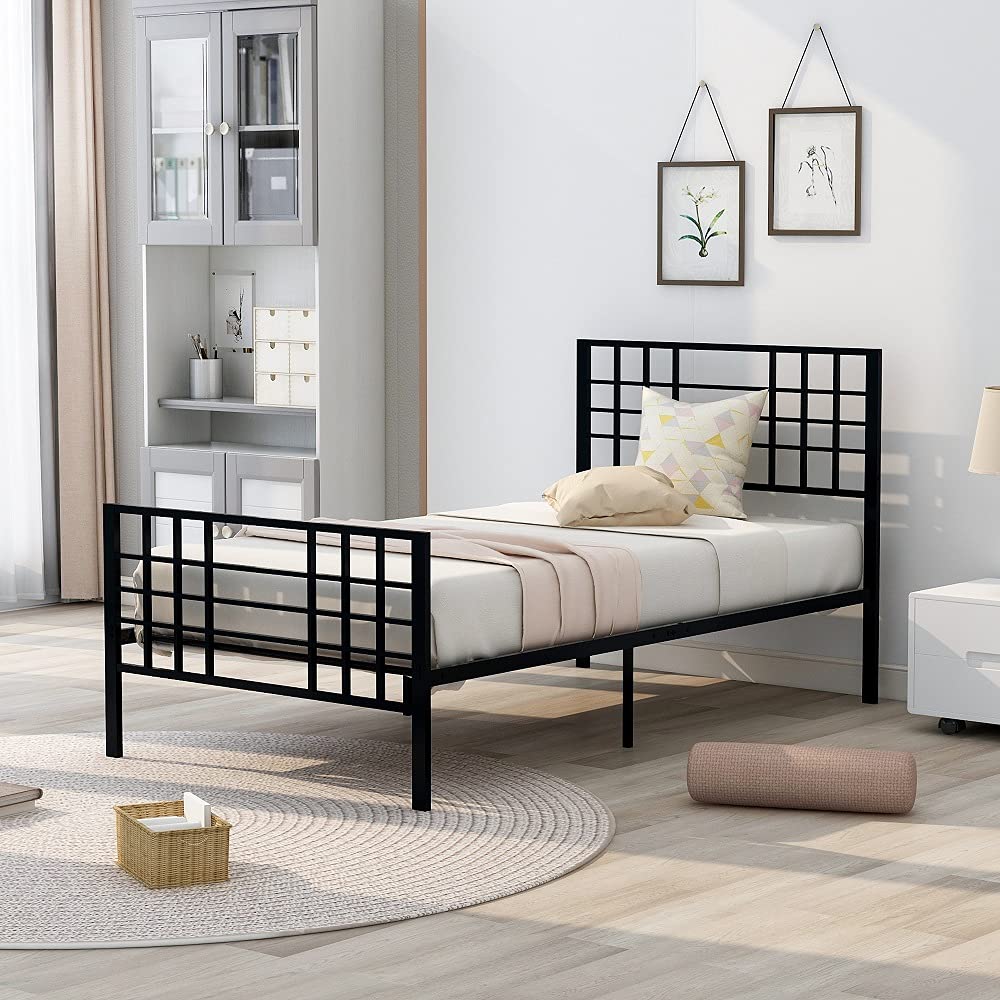 Metal Platform Bed Frame with Headboard & Footboard - Twin Size Mattress Base, Sturdy Iron-Art Design for Bedroom, Dorm, Kids Room | Black Steel Finish | Space-Saving & Easy Assembly | Perfect for Small Spaces & Teen Bedrooms