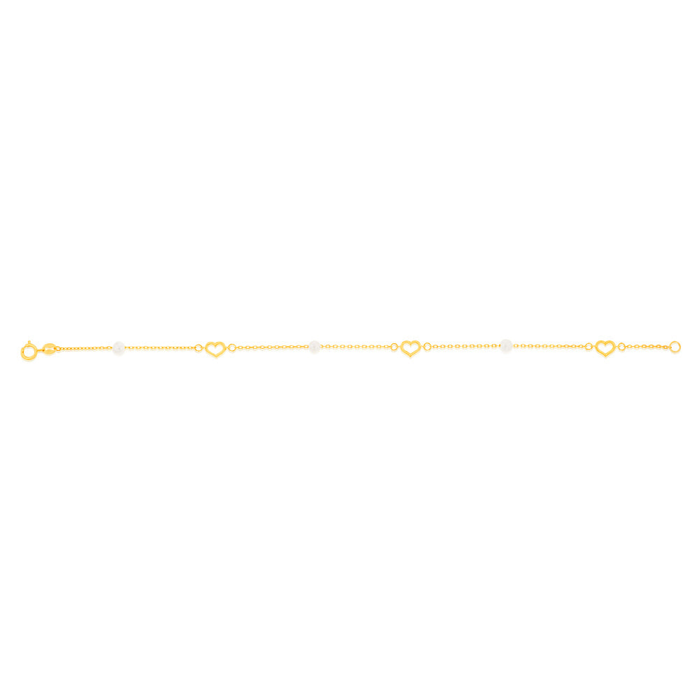 9ct Yellow Gold 19.10cm Heart and Pearl Bracelet for Women - Elegant Pearl Heart Charm Bracelet - Perfect for Valentine's Day, Anniversary, Birthday Gifts & Special Occasions