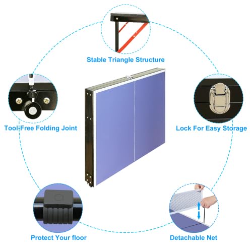 6FT Foldable Ping Pong Table Set - Portable Table Tennis Table with Net, 2 Paddles & 3 Balls for Indoor & Outdoor Use - Perfect for Home, Office, Backyard & Game Room (Blue)