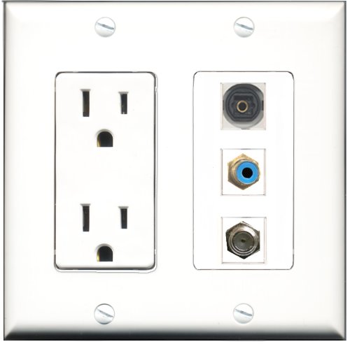 RiteAV 15 Amp Power Outlet Wall Plate with 1 RCA, 1 Coax, and 1 Toslink Port - Decorative Multi-Port Cover for Home Theater, Audio Systems & Smart Home Installations