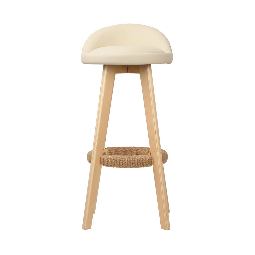 2 Padded Leather Bar Stools with Wooden Frame in Beige - Perfect for Kitchen Islands, Breakfast Bars & Home Decor