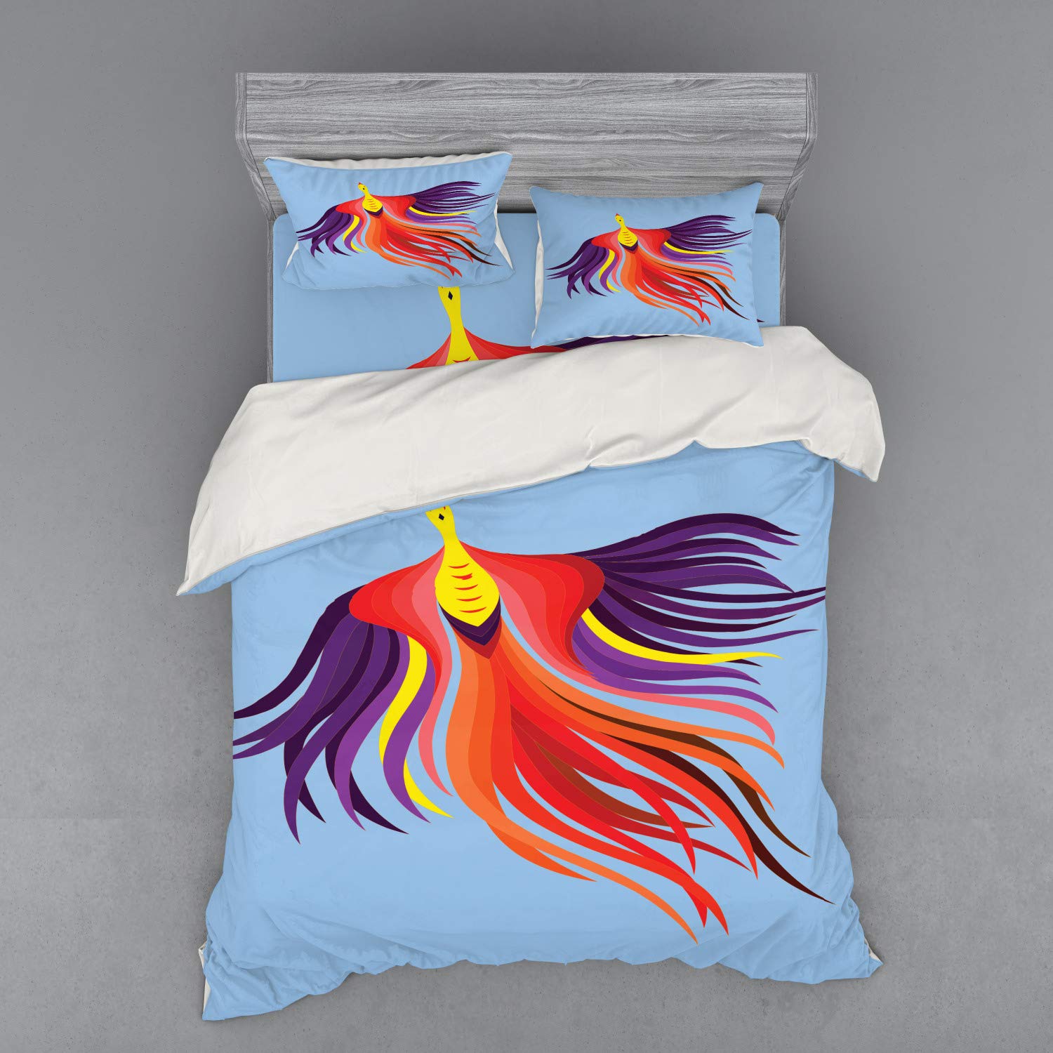 Ambesonne Phoenix Bedding Set 4-Piece - California King Size Duvet Cover with Pillow Shams & Fitted Sheet - Fantasy Magic Bird Design with Flowing Feathers - Multicolor Rebirth Theme - Perfect for Gothic, Fantasy & Bohemian Bedroom Decor