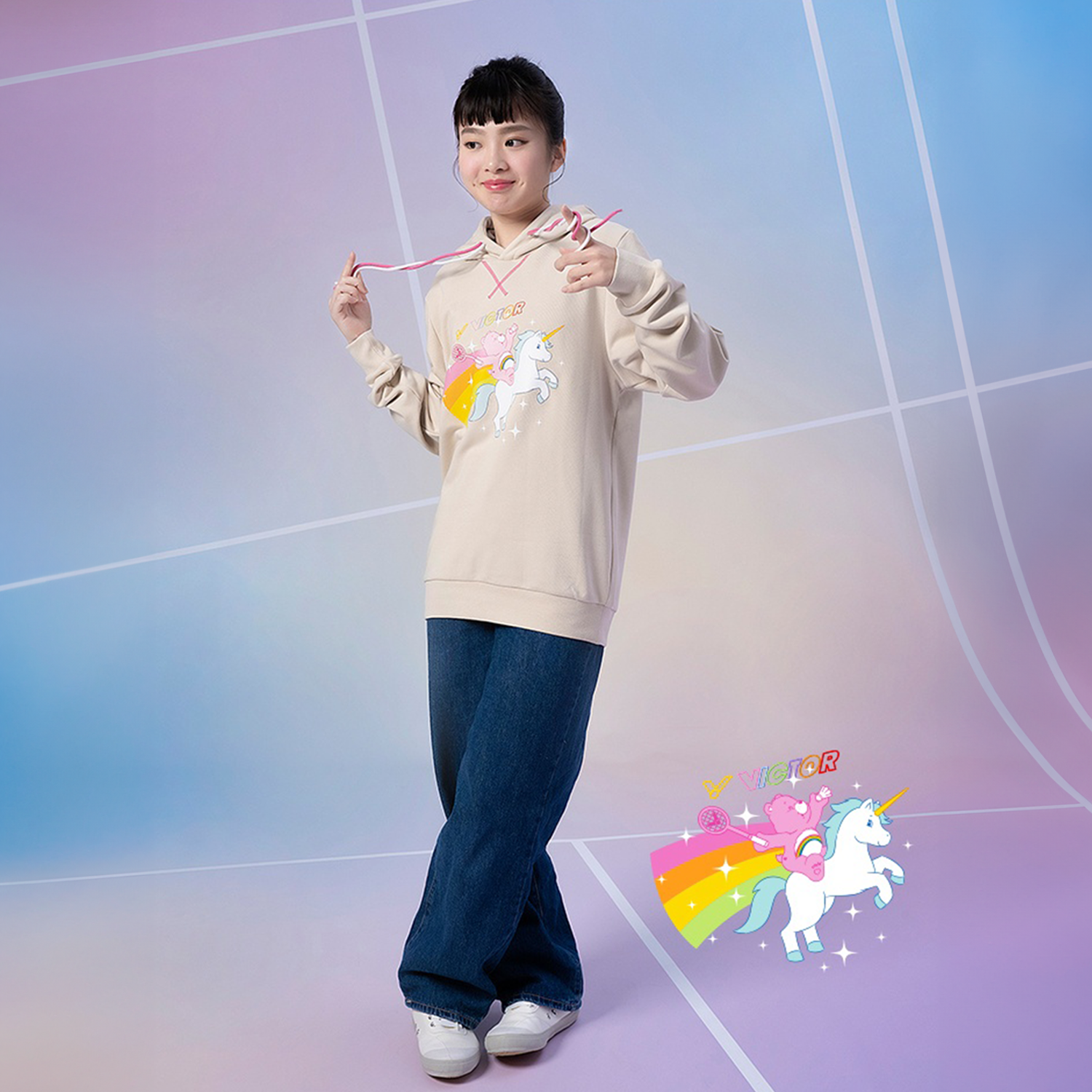 Victor x Care Bears Hoodie T 4505CBC V (Khaki) - Cute Unisex Pullover Sweatshirt for Kids & Adults - Perfect for Casual Wear, Gifts, and Fan Collections