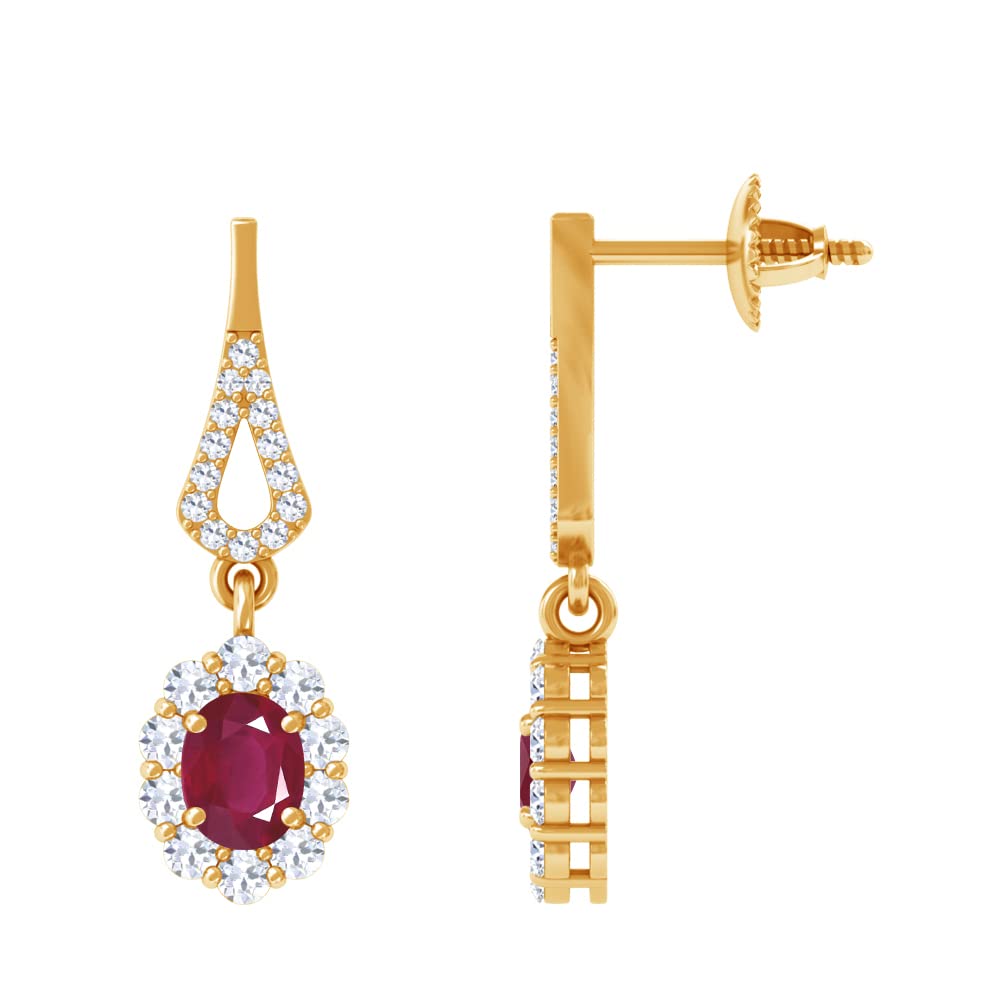 14K Gold Oval Cut Genuine Ruby Dangling Earrings with Round Diamonds | Platinum Earrings for Women | Elegant Jewelry for Weddings, Parties & Special Occasions