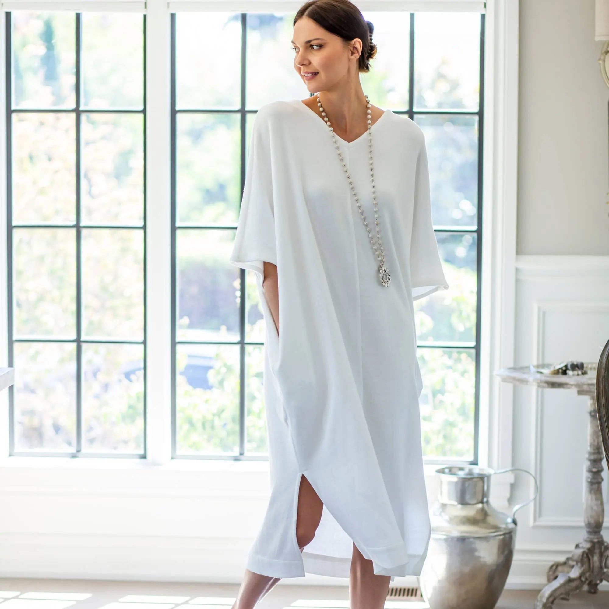 Comfy Kenzie Kaftan Knit Maxi Dress with Pockets - Soft Merino Wool Winter White Women's Dress | Perfect for Casual Wear, Beach Cover-Up & Winter Layering