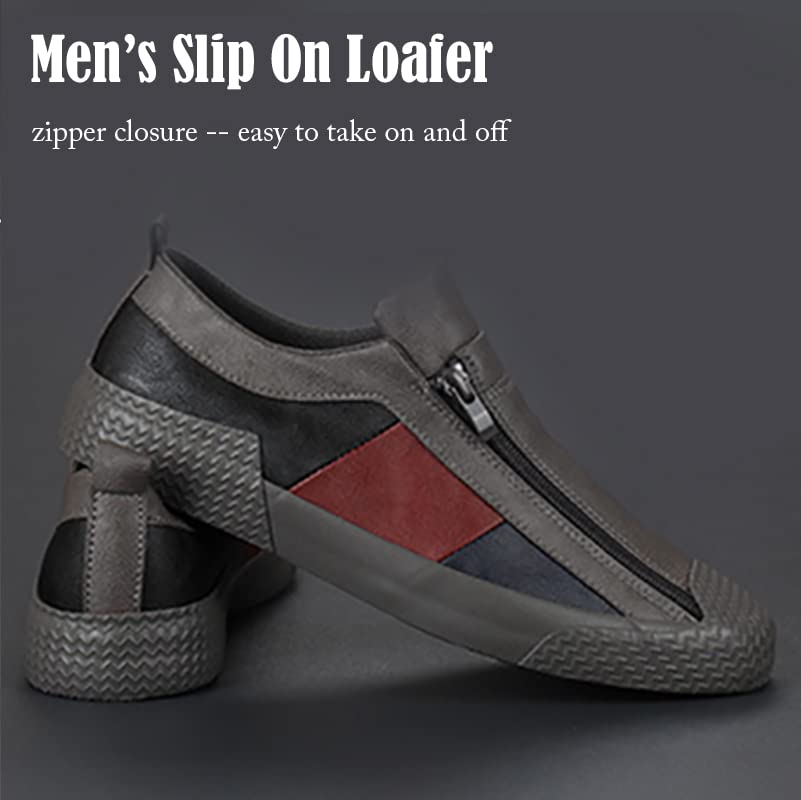 Recyphi Men's Casual Leather Slip-On Sneakers with Zipper - Comfortable Low Top Driving Shoes for Autumn | Perfect for Daily Wear, Travel & Outdoor Activities