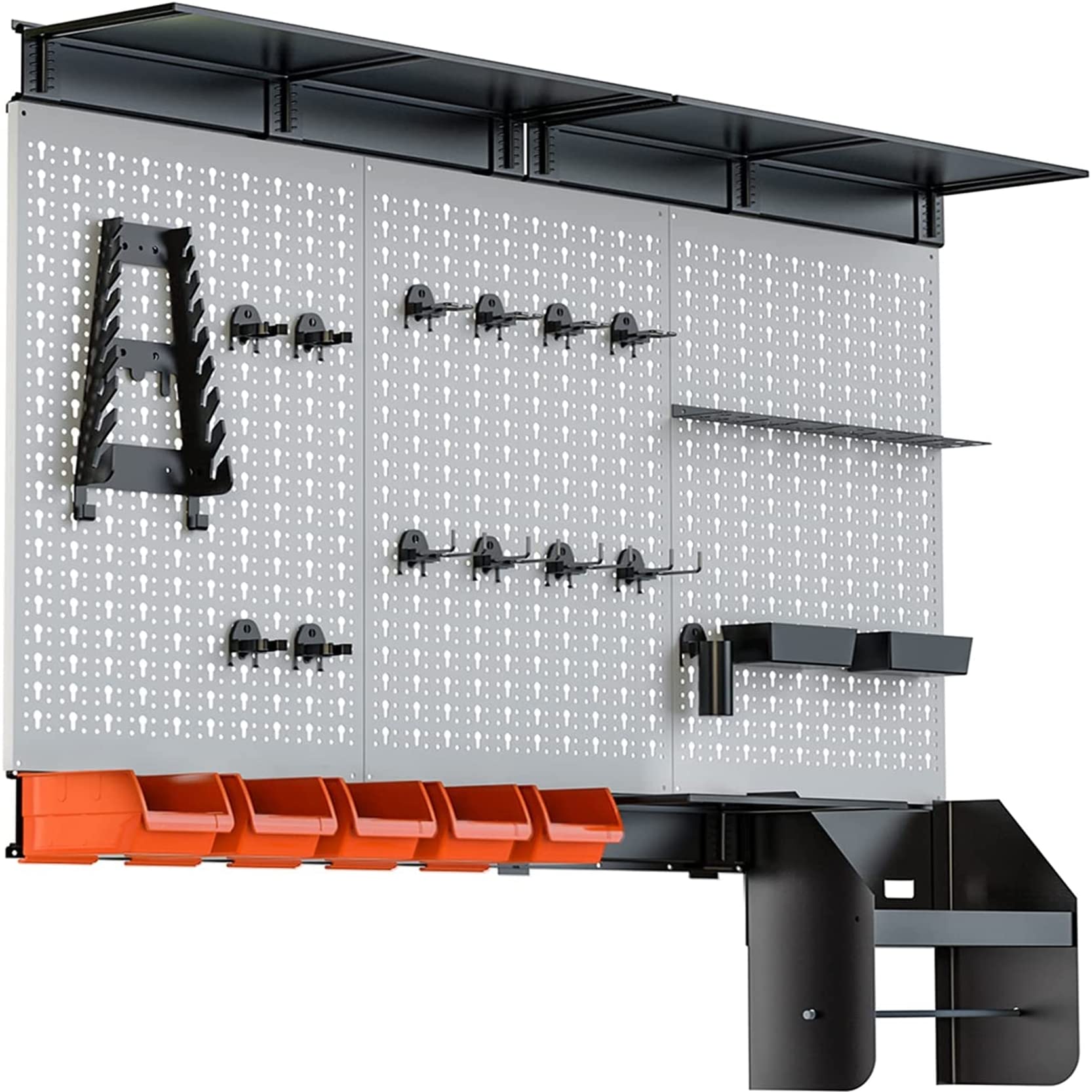 TORACK 4 ft. Metal Pegboard Wall Organizer System - Heavy Duty Garage Tool Storage with Hooks, Accessories & Wall Mounted Bins - Perfect for Workshop, Garage, Shed & Home Organization (Black)