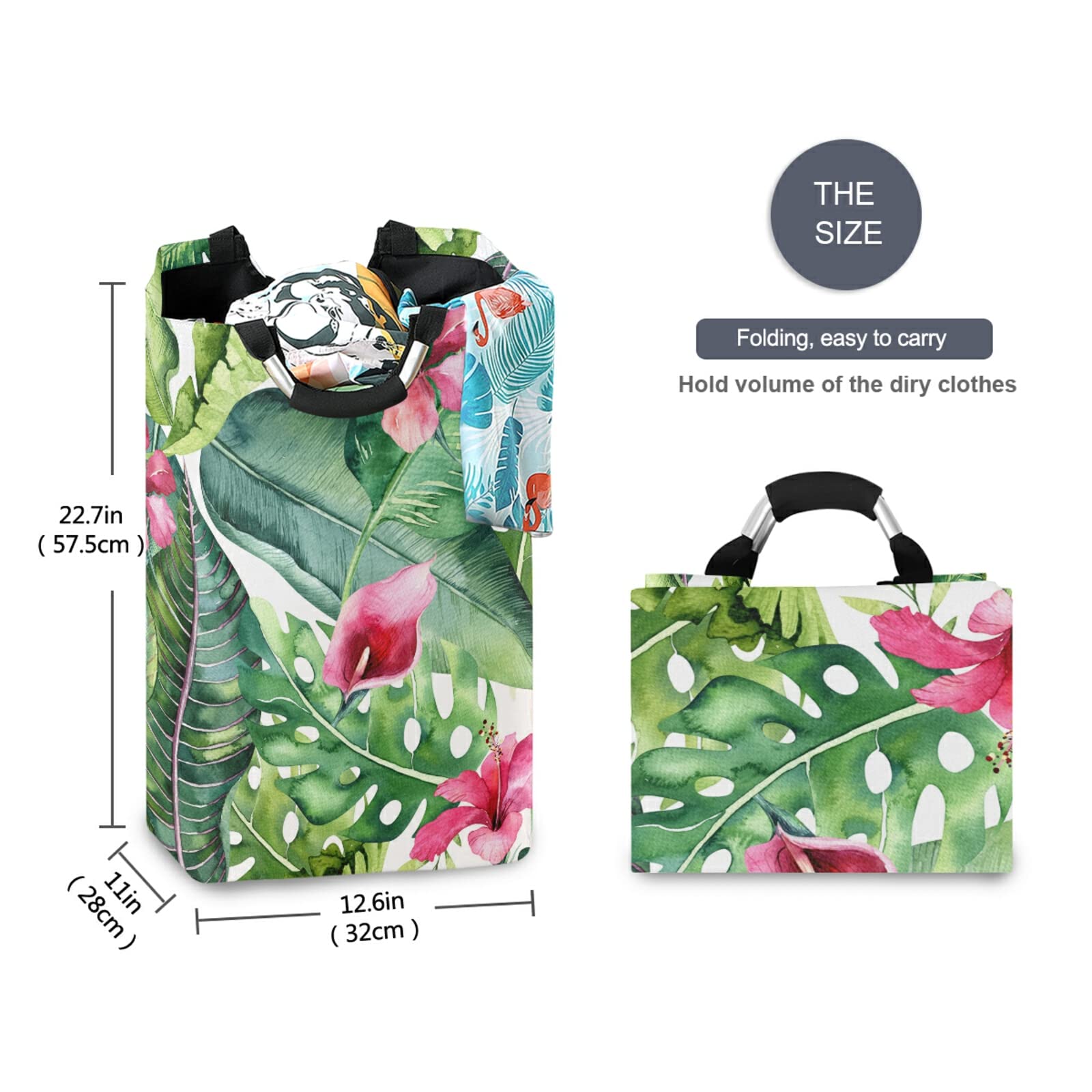 Collapsible Laundry Hamper with Handles - Foldable Waterproof Clothes Basket & Portable Washing Bin - Tropical Leaves Design for Dorm, Travel & Home Organization