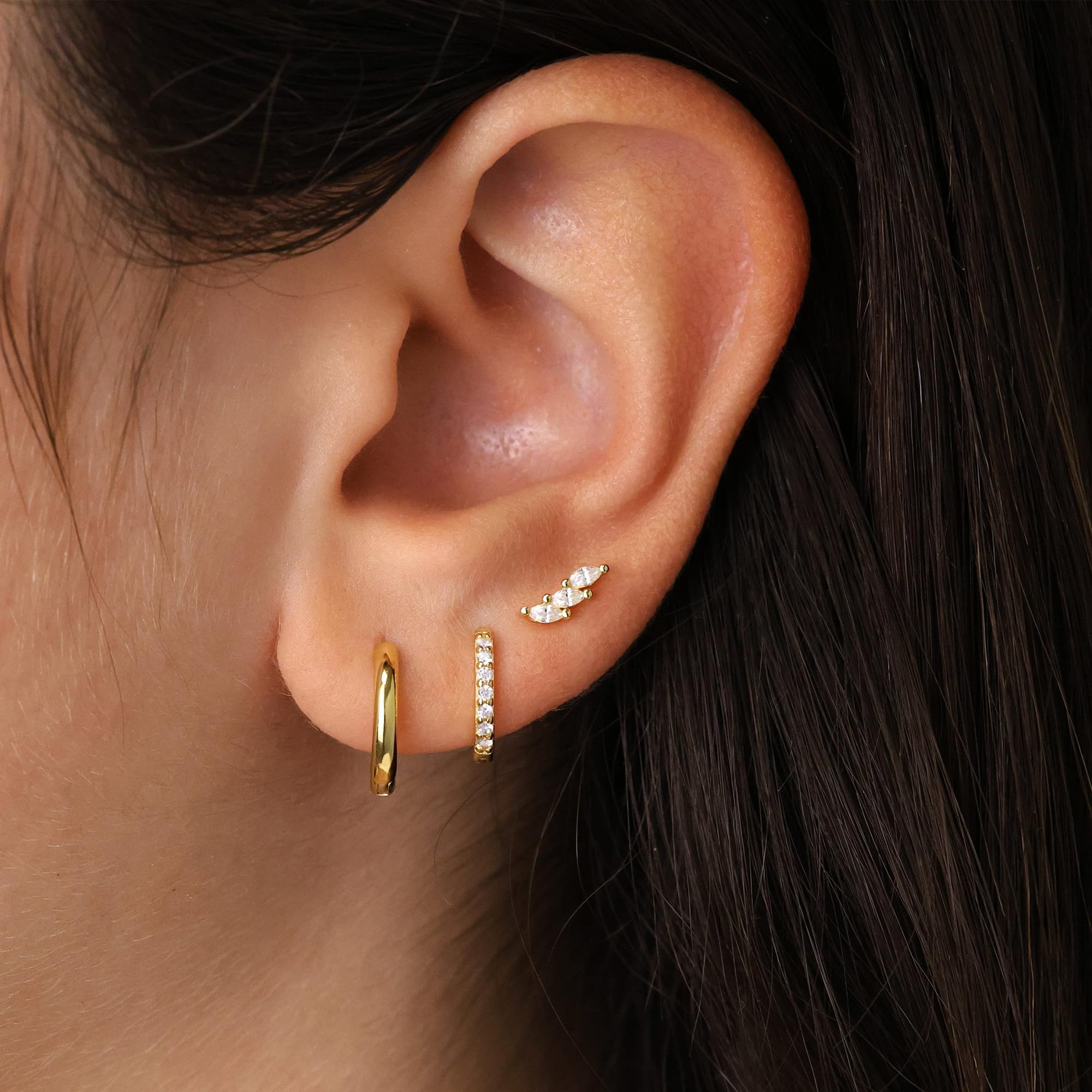 3 Pairs 14K Gold Plated Hoop Earrings for Women - Dainty Stud, Dangle & Huggie Cartilage Earrings Set | Hypoallergenic, Trendy & Elegant Jewelry Gift | Perfect for Everyday Wear, Parties & Special Occasions