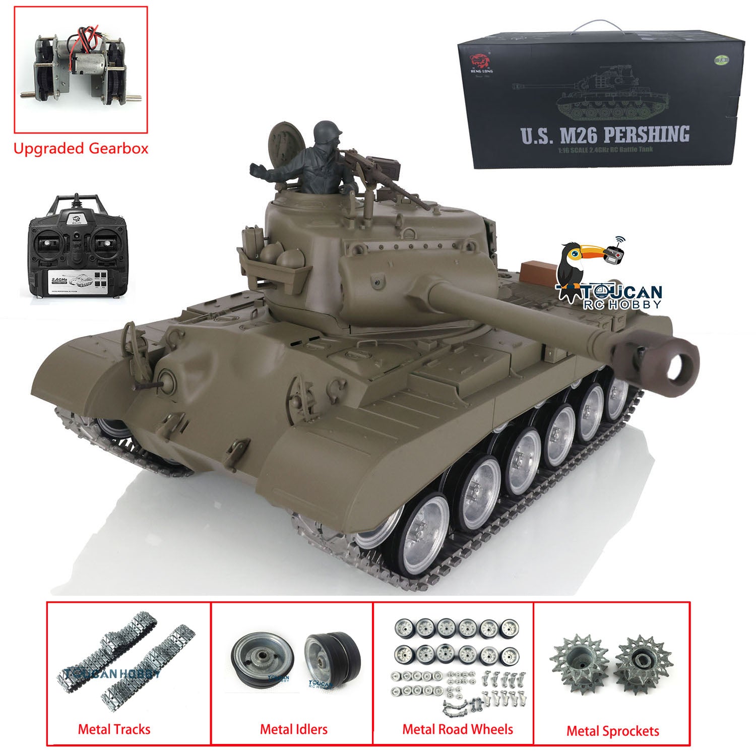 Henglong 1/16 Scale 7.0 Customized M26 Pershing RTR RC Tank with 360° Rotating Turret, Metal Tracks & Smoke Effect - Ready-to-Run Remote Control Military Vehicle for Collectors & Battle Simulation