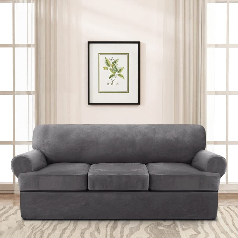Velvet T-Cushion Sofa Slipcover Set - 4-Piece Soft Couch Cover with 3 Individual T-Shaped Seat Covers - Furniture Protector for Living Room (Grey) - Perfect for Sectional Sofas, Home Decor & Pet Protection