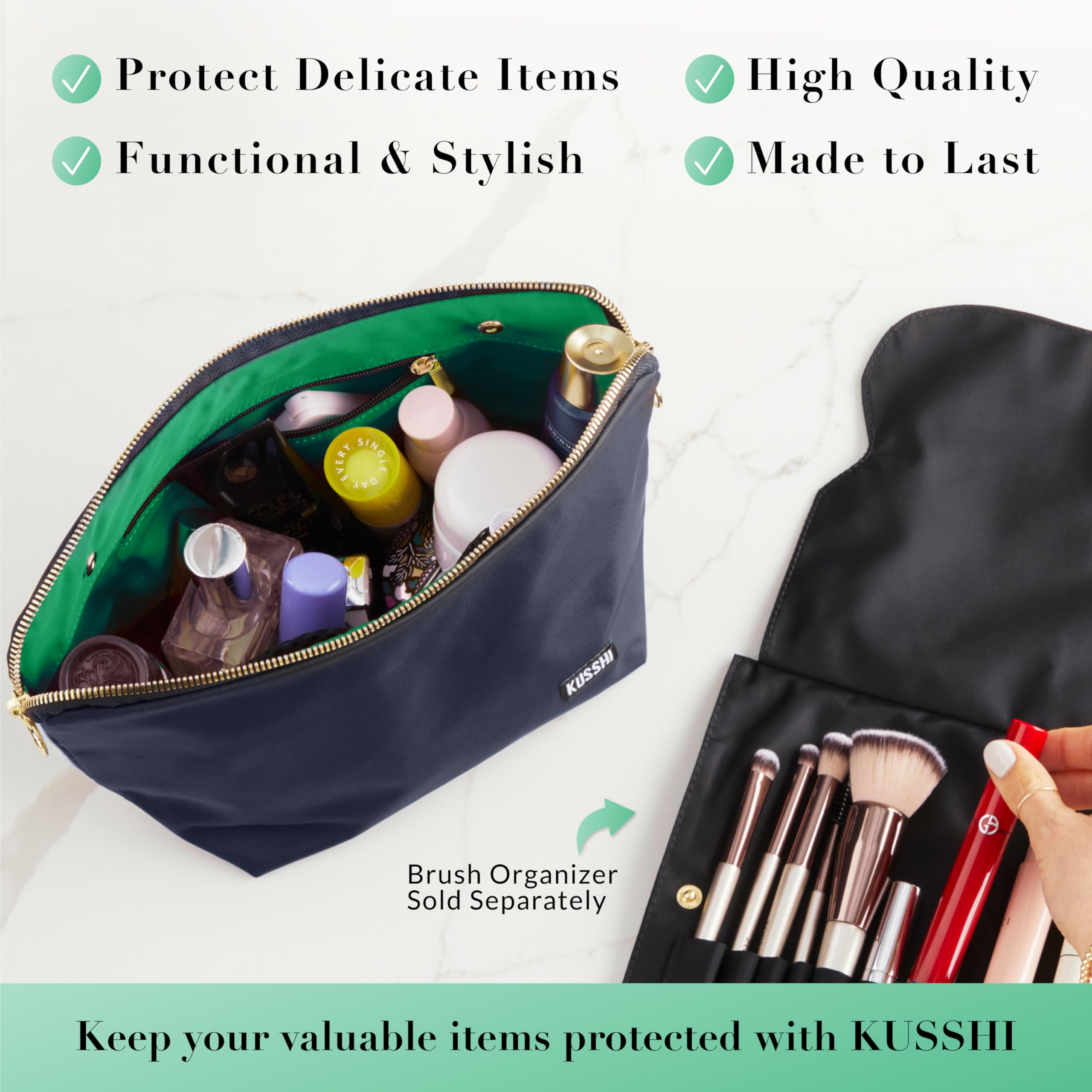 KUSSHI Waterproof Travel Makeup Bag with Brush Organizer - Reusable Cosmetic Pouch for Women | Perfect for Airplane Carry-on, Gym Essentials & Toiletry Storage (Navy/Mint)