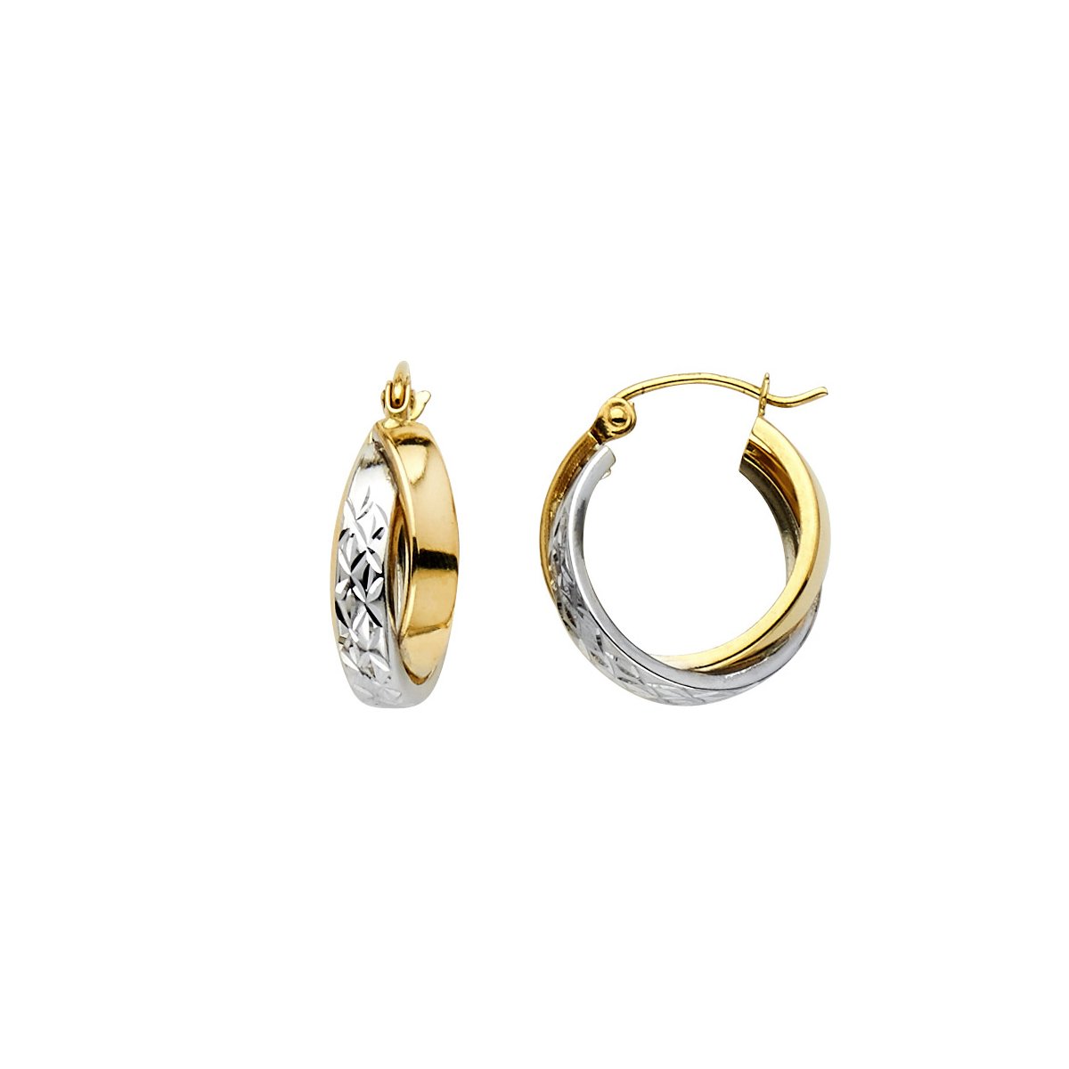 14K Yellow & White Gold 7mm Double Hoop Earrings for Women - Two Tone Dainty Everyday Jewelry for Work, Date Night & Special Occasions