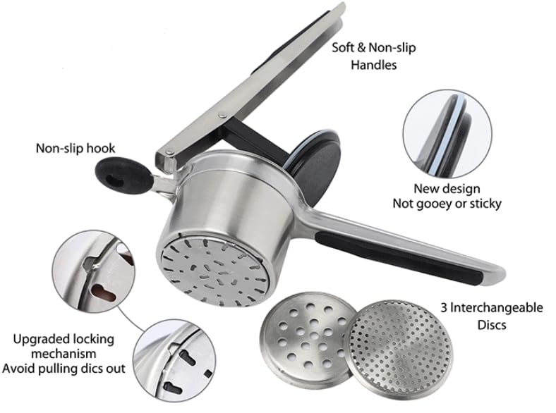 DOERVISIT Stainless Steel Potato Ricer with Secure Catch System - Prevents Disc Displacement When Lifting - Perfect for Mashed Potatoes, Baby Food & Purees - Heavy Duty Kitchen Tool for Home Chefs