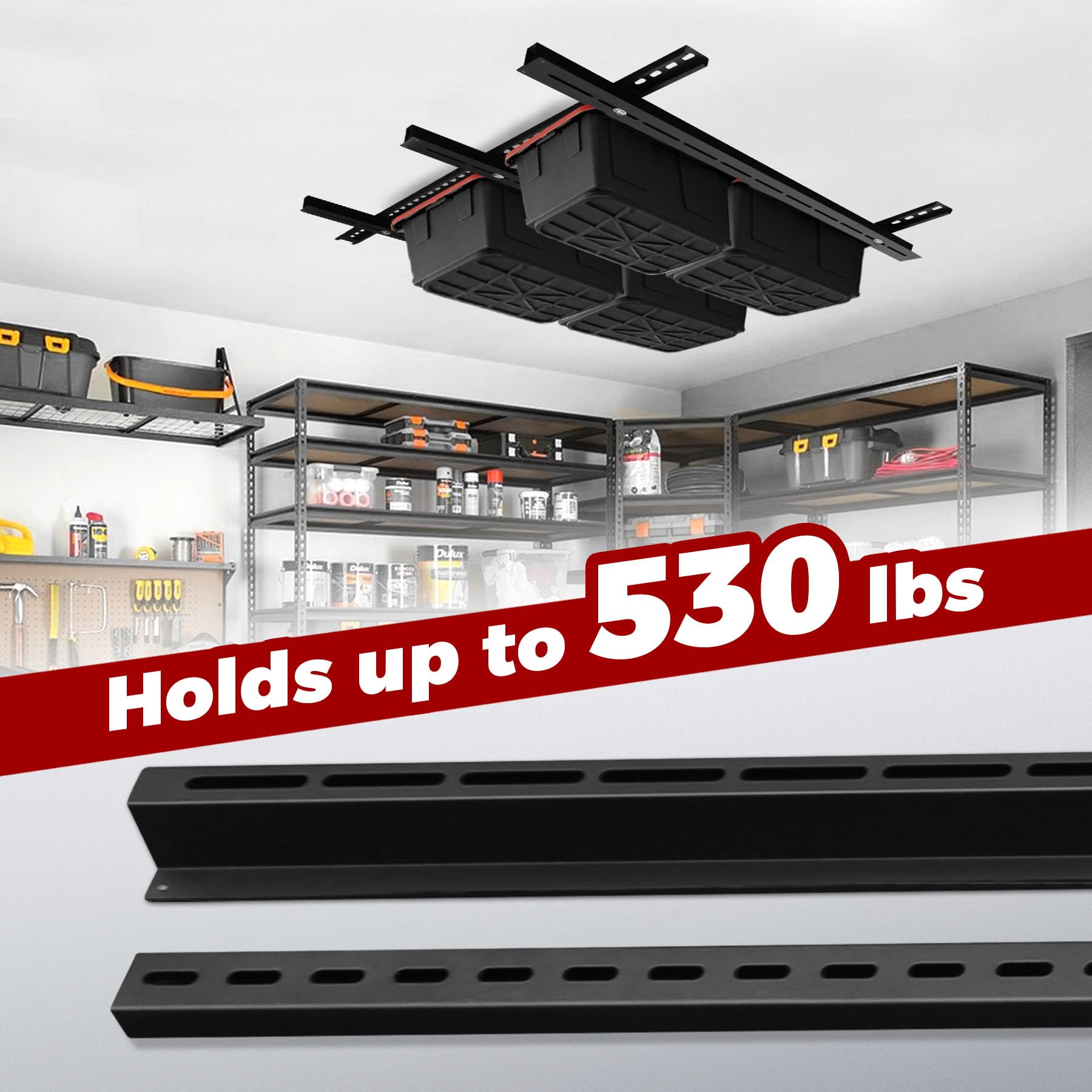 Heavy Duty Adjustable Overhead Garage Storage Rack System - Ceiling Mounted Bin Organizer with Sliding Rails, Supports 6 Bins (3 Sets) - Perfect for Garage Organization & Space Saving Storage