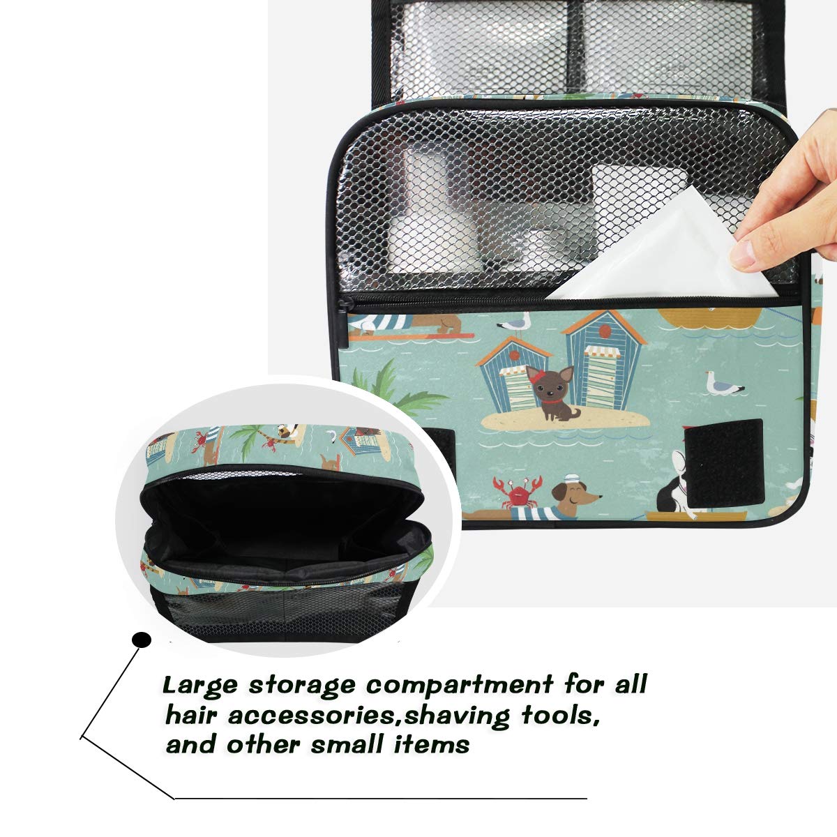 Moyyo Hanging Toiletry Bag for Travel - Waterproof Beach Bulldog Dachshund Beagle Dog Print Cosmetic Organizer - Portable Wash Bag for Gym, Camping, Women, Girls & Kids - Perfect for Vacations, Outdoor Adventures & Daily Use