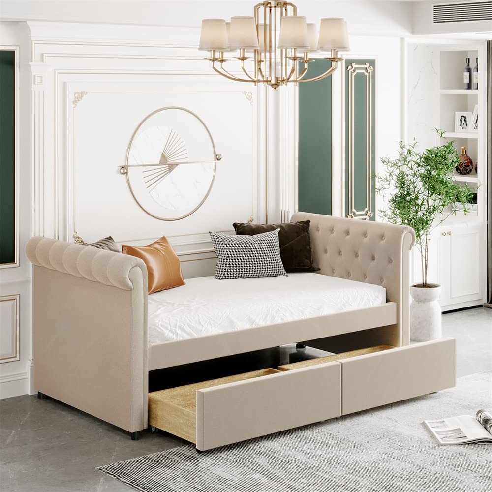 Twin Daybed with Storage Drawers & Wood Slats - Tufted Sofa Bed for Living Room & Office
