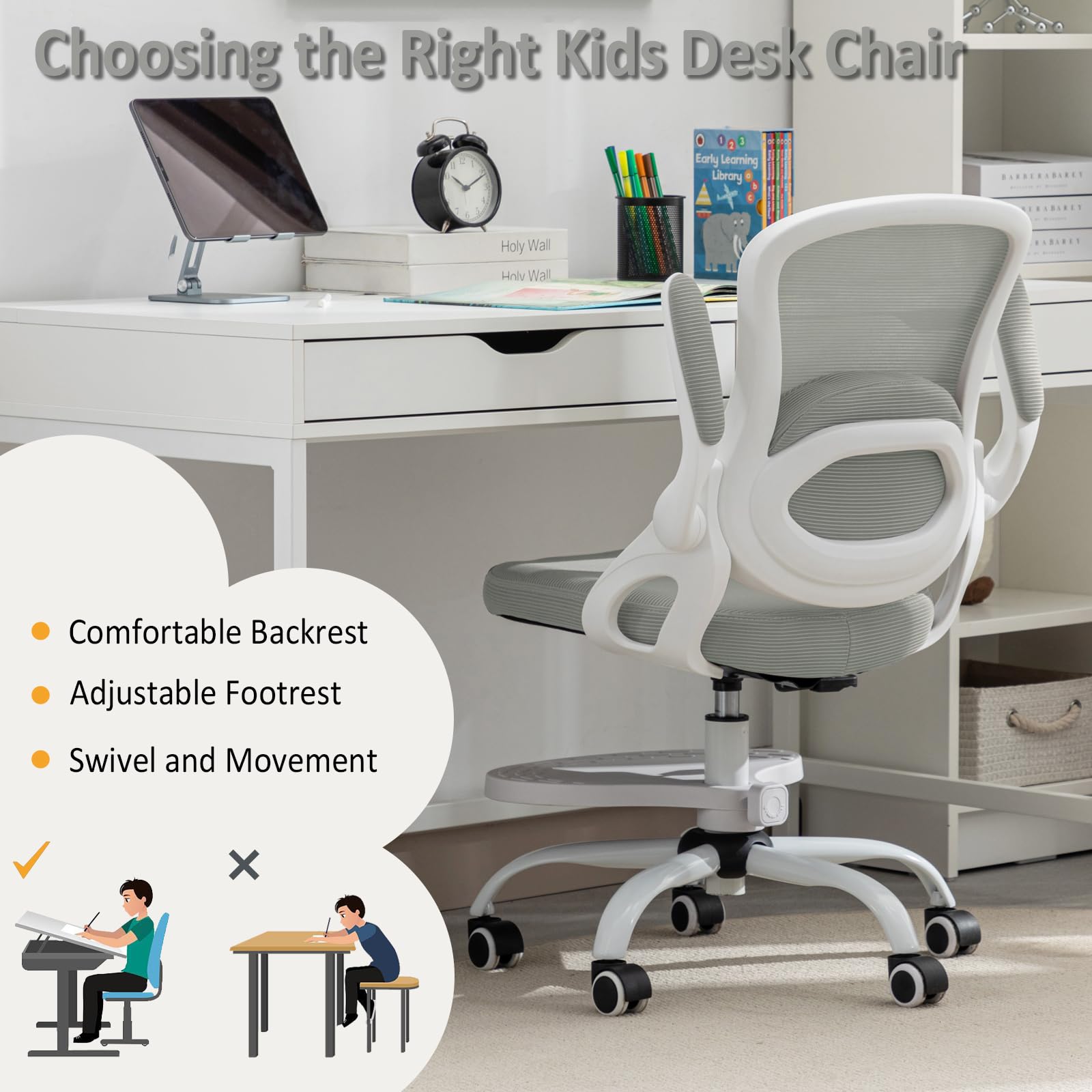 Ergonomic Adjustable Height Kids Study Chair - Swivel Mesh Desk Chair with Wheels for Children's Bedroom & Home Office - Comfortable Grey Learning Chair for Homework & Online Classes