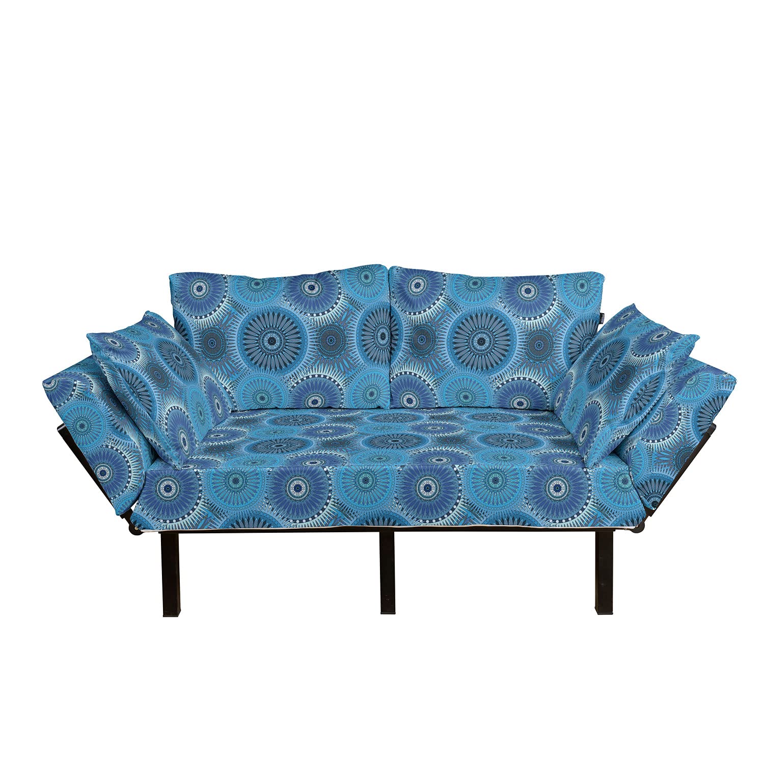 Ambesonne Blue Mandala Futon Couch - Vintage Ornate Daybed with Metal Frame, Upholstered Sofa for Living Room, Dorm, Loveseat | Boho Home Decor & Meditation Space Essential