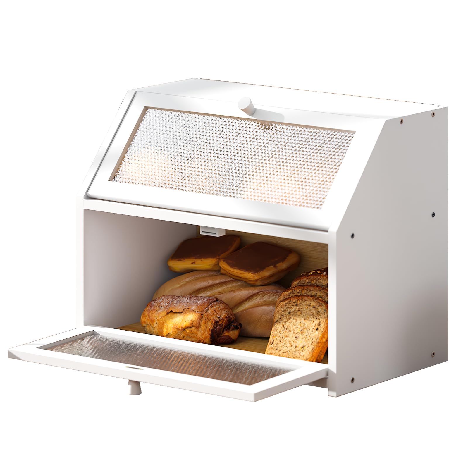 Farmhouse Style Extra Large Double Layer Bread Storage Box with Diamond Pattern Windows - White Countertop Bread Bin for Kitchen, Pantry, and Dining Room Organization - Perfect for Sliced Bread, Buns, and Baked Goods